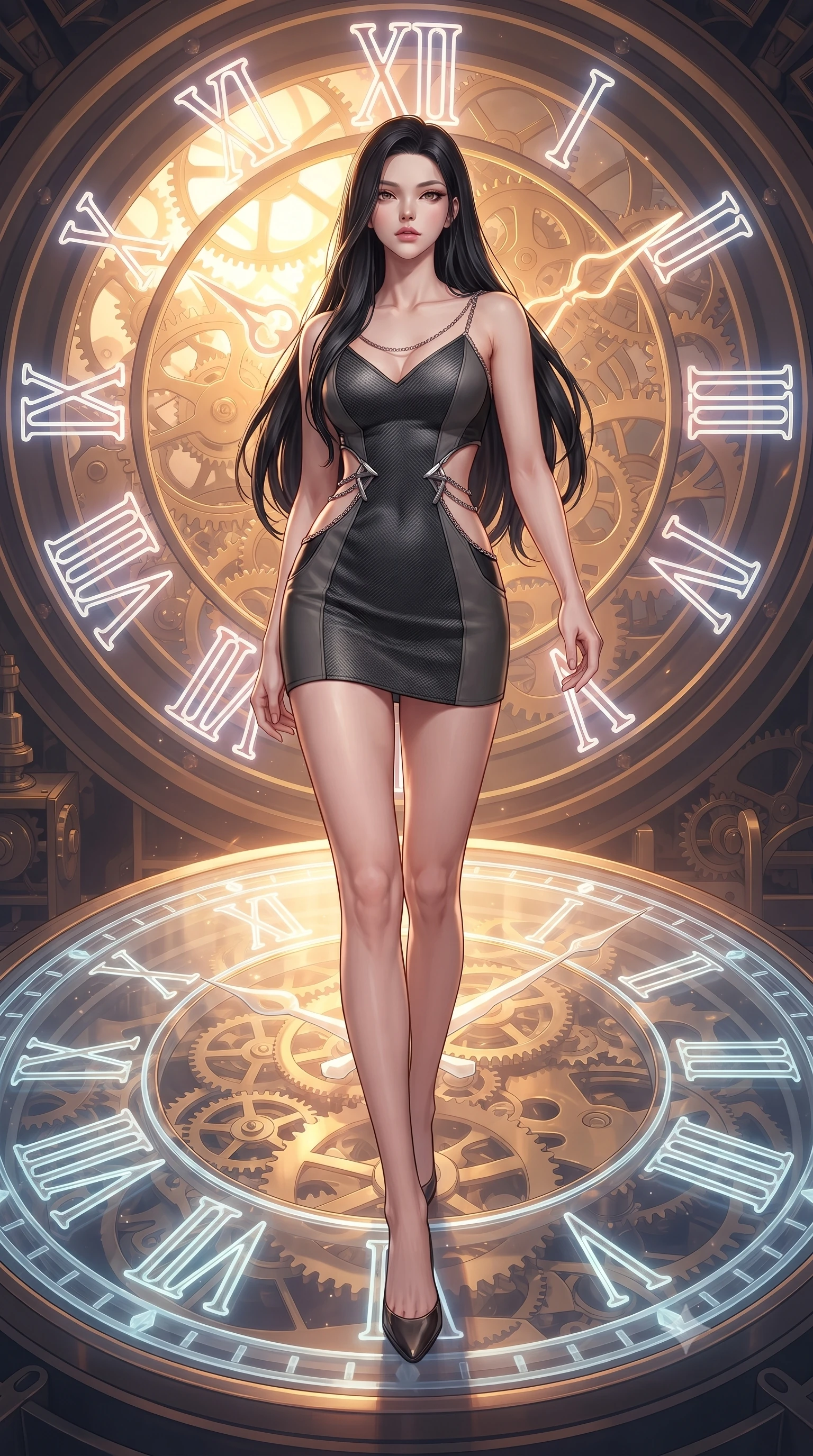 score_9, masterpiece, best quality, ultra-detailed, high-budget anime keyframe, editorial fashion photography, tasteful artistic composition, Korean woman. low angle full-body shot from head to toe showing her feet, filling the entire 9:16 vertical frame with her statuesque presence, stretching her vertical silhouette. forging dynamically through the scene, her vertical silhouette beautifully stretched standing atop a giant translucent Roman numeral clock dial in a high tower, glowing neon clock numbers floating in the air with vintage elegancy. She has an absolutely perfect, statuesque 8.5-heads proportion, an exceptionally tall and slender model-like female figure with impossibly long slender legs and an ultra-slim waist. sharp v-shaped jawline, high-bridge nose, intricate jewel-like eyes with depth, thick eyelashes, glossy lips with a natural sheen. wearing a dramatic open-waist cutout mini dress framed by sculptural hardware in charcoal grey and platinum, made of fine carbon-fiber weave and soft matte leather, adorned with delicate metallic chain straps along the neckline, the form-contouring material highlighting her ultra-slim waist and long lines. illuminated by a brilliant golden hour glow filtering through clockwork dials. highly saturated vibrant anime colors, detailed shading with soft gradients, rich glossy textures, high-contrast stereoscopic depth, volumetric dynamic lighting, master piece, 9:16 ratio
