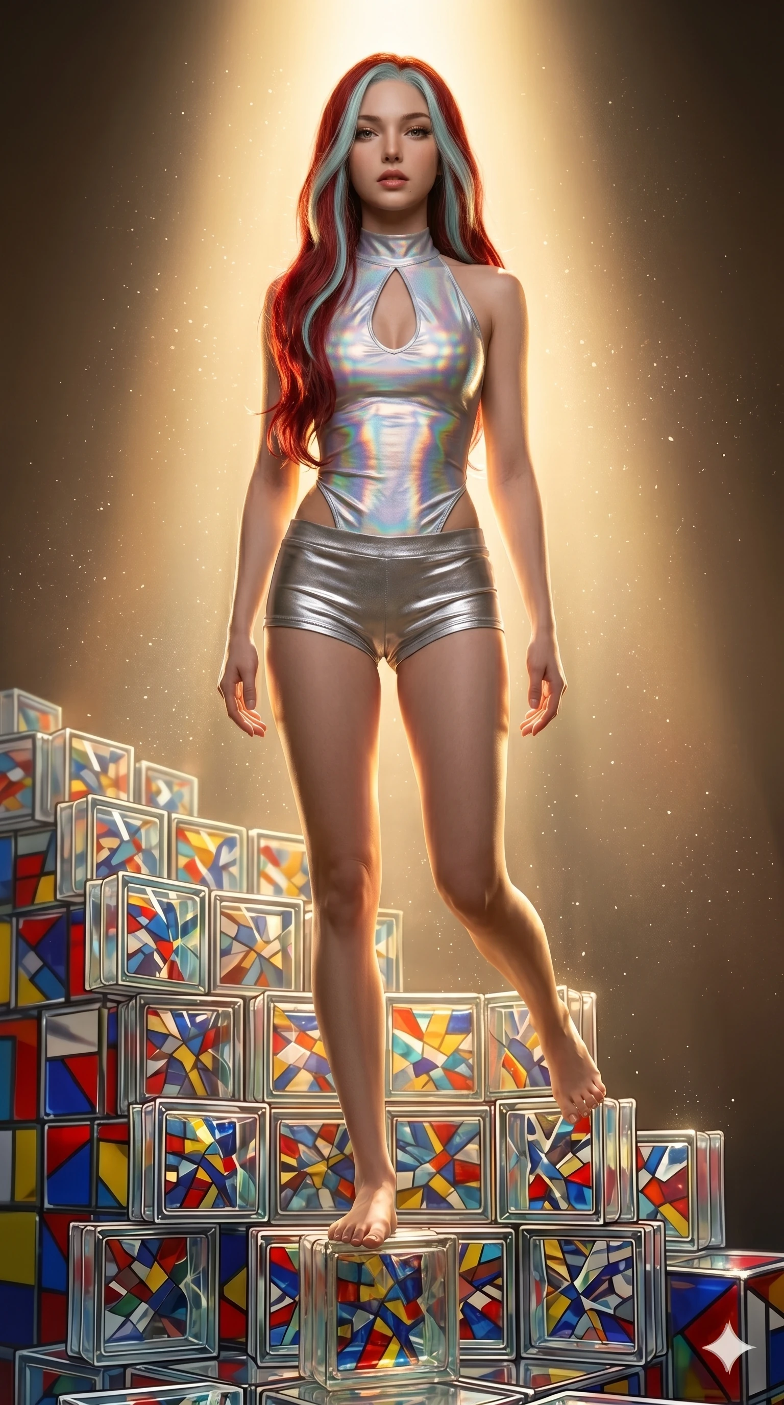 score_9, masterpiece, best quality, ultra-detailed, high-budget anime keyframe, Korean woman. low angle full-body shot filling the entire 9:16 frame with her statuesque presence, stretching the vertical silhouette. balancing on cubist glass blocks that cascade like a waterfall, reflecting complex mosaic patterns and primary colors. She has an absolutely perfect 8-heads proportion, an exceptionally tall and slender female figure with impossibly long slender legs and an ultra-slim waist. V-shaped jawline, high-bridge nose, intricate jewel-like eyes with depth, thick eyelashes, glossy lips with a natural sheen.. wearing a holographic liquid silk vest and silver metallic micro-shorts, featuring a keyhole cutout and form-fitting silhouette. illuminated by dramatic chiaroscuro casting soft shadows along her curves, with vibrant backlighting highlighting the dust particles. 2k, ultra detail, master piece, 9:16 ratio
