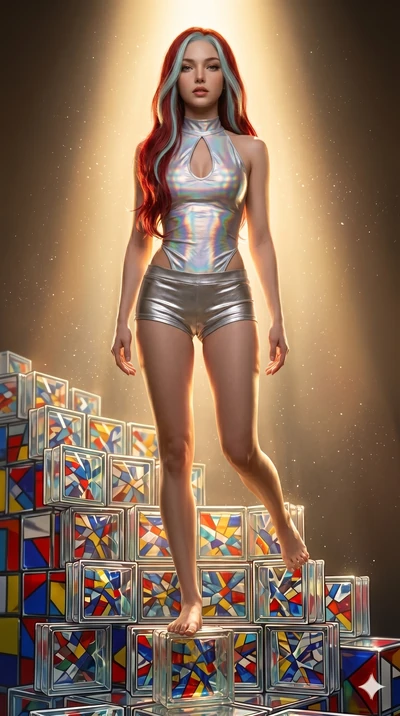 score_9, masterpiece, best quality, ultra-detailed, high-budget anime keyframe, Korean woman. low angle full-body shot filling the entire 9:16 frame with her statuesque presence, stretching the vertical silhouette. balancing on cubist glass blocks th