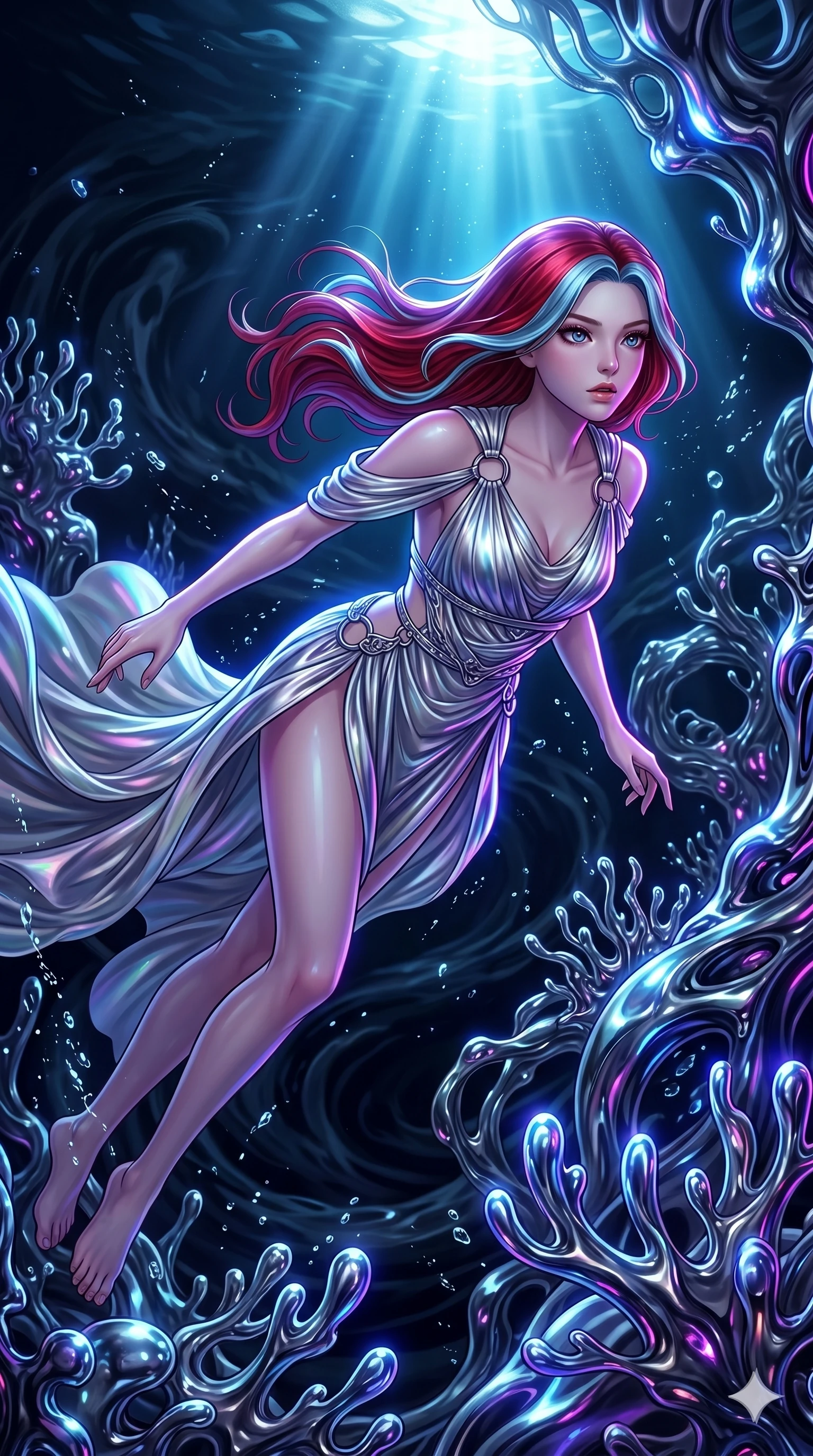 score_9, masterpiece, best quality, ultra-detailed, high-budget anime keyframe, Japanese woman. upper body close-up from the thighs up, character filling the screen for maximum presence. diving through a bionic fluid mercury reef where self-replicating liquid chrome corals pulse under dark ocean water. She has an absolutely perfect 8-heads proportion, an exceptionally tall and slender female figure with impossibly long slender legs and an ultra-slim waist. V-shaped jawline, high-bridge nose, intricate jewel-like eyes with depth, thick eyelashes, glossy lips with a natural sheen.. wearing a draped Grecian cyber-gown, featuring draped silver metallic chiffon held by metal ring hardware, displaying a high-leg line. bathed in brilliant cinematic volumetric lighting and intense neon rim light highlighting her slender form. 2k, ultra detail, master piece, 9:16 ratio