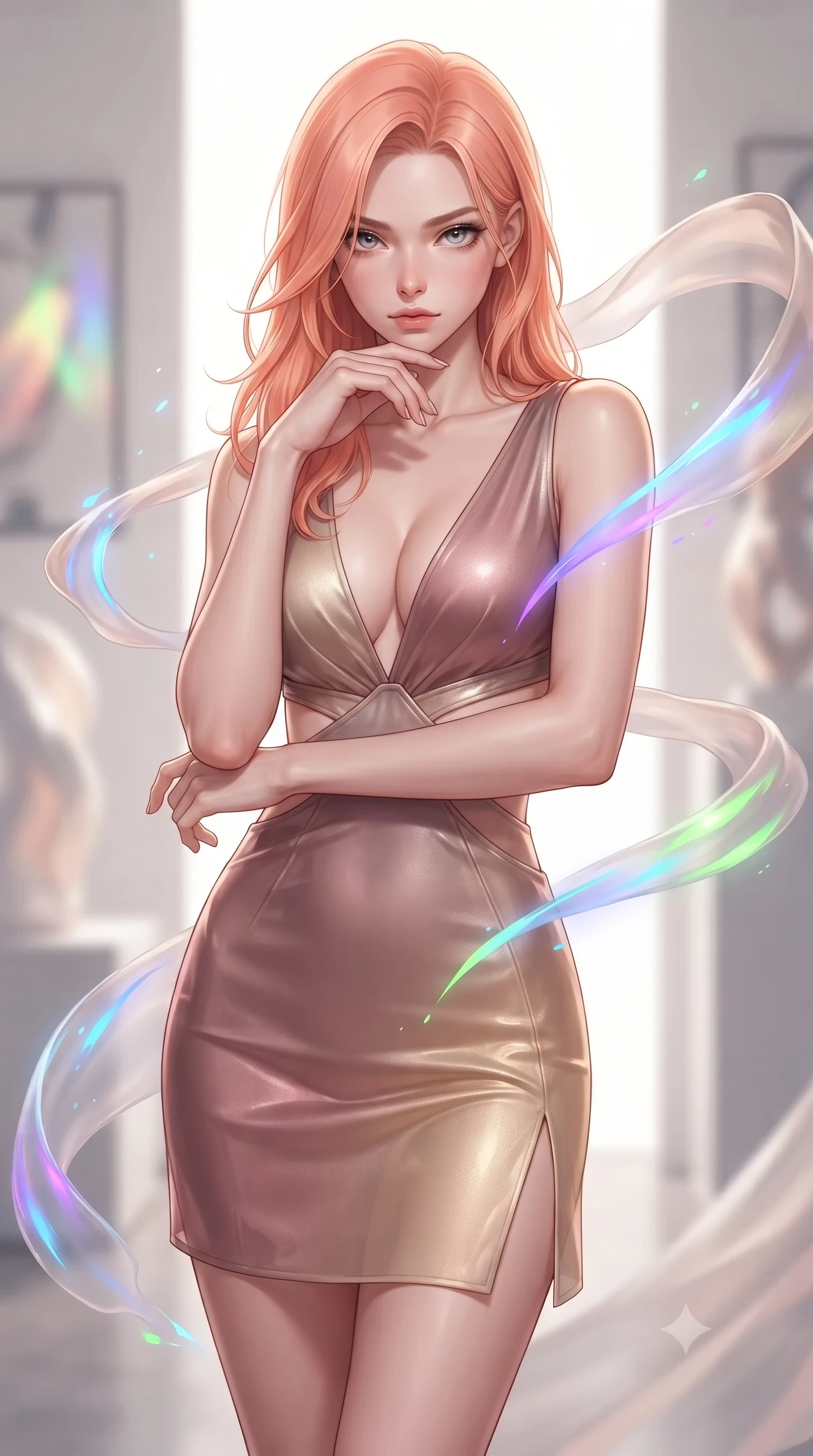 score_9, masterpiece, best quality, ultra-detailed, high-budget anime keyframe, editorial fashion photography, tasteful artistic composition, Japanese woman. close-up cowboy shot from the waist and thighs up, the character dominates the composition, filling the frame with her large presence, background elements kept in soft focus. Resting her chin on the backs of her fingers, casting a sharp, mysterious gaze guiding viscous opal paint ribbons hovering gracefully in mid-air, glowing neon brushstrokes floating poetically around her silhouette. She has an exceptionally elegant, slender, and willowy female figure with an ultra-slim waist, a gracefully sculpted slender torso, and a refined silhouette. sharp v-shaped jawline, high-bridge nose, intricate jewel-like eyes with depth, thick eyelashes, glossy lips with a natural sheen. wearing a liquid mercury gloss mini dress with ultra-deep V-neck and waist cutouts in dusty rose and champagne gold, woven from fine semi-opaque sheer organza, finished with a sleek side slit ascending to mid-thigh, the glove-like fit emphasizing her statuesque silhouette. drenched in bright white key light with colorful prismatic rim lighting. highly saturated vibrant anime colors, detailed shading with soft gradients, rich glossy textures, high-contrast stereoscopic depth, volumetric dynamic lighting, master piece, 9:16 ratio