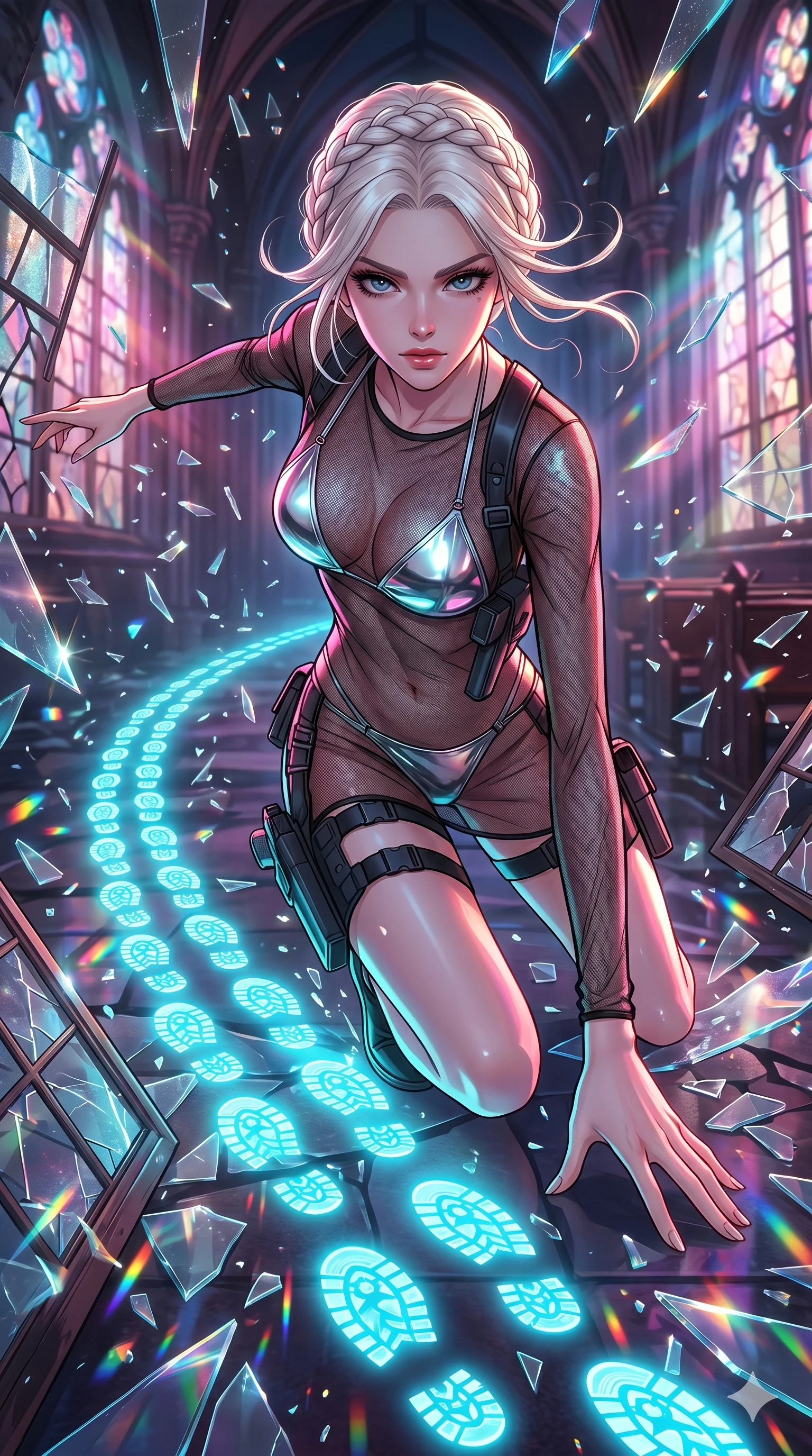 score_9, masterpiece, best quality, ultra-detailed, Set A: High-budget Anime Keyframe, Japanese woman. Upper body close-up from the thighs up, character filling the screen for maximum presence. Sliding through a shattered glass cathedral, as she leaves a trail of 128 glowing footprints and surrounded by shattered glass fragments. She has an absolutely perfect 8-heads proportion, an exceptionally tall and slender female figure with impossibly long slender legs and an ultra-slim waist. Sharp v-shaped jawline, high-bridge nose, intricate jewel-like eyes with depth, thick eyelashes, glossy lips with a natural sheen. Wearing Reflective chrome bikini under a translucent mesh cover-up with tactical holsters. Cinematic lighting, vibrant colors, dramatic shadows, 2k, ultra detail, master piece, 9:16 ratio