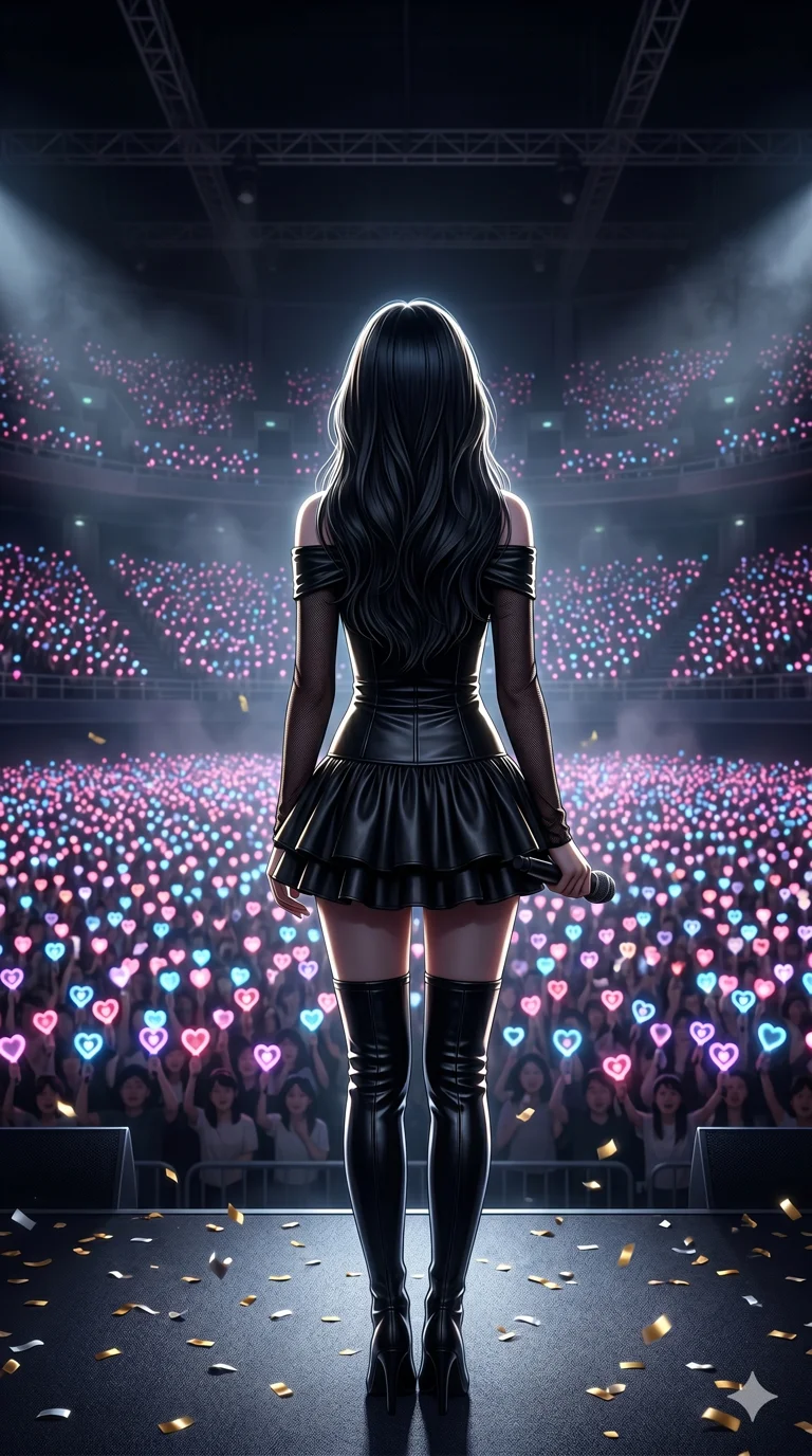 score_9, score_8_up, score_7_up, source_anime, masterpiece, best quality, ultra-detailed, same character with long flowing black hair, wearing the same outfit of black leather dress and boots, full body shot from behind looking out at a sea of thousands of glowing lightsticks, silhouette lighting with rim light, grand arena concert atmosphere, 2k, 9:16 ratio
