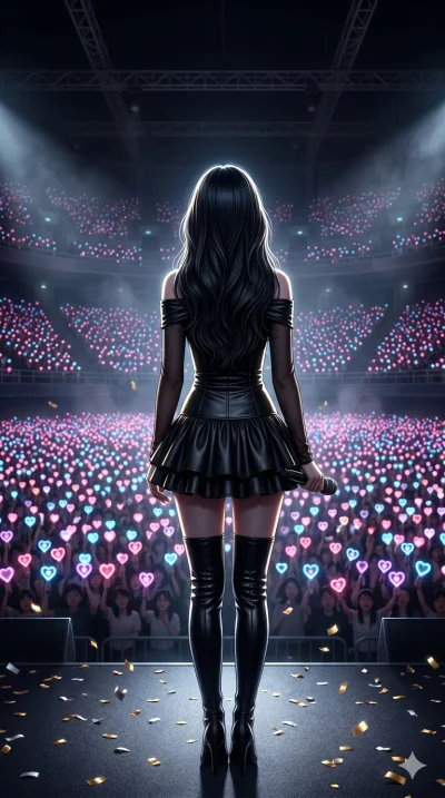score_9, score_8_up, score_7_up, source_anime, masterpiece, best quality, ultra-detailed, same character with long flowing black hair, wearing the same outfit of black leather dress and boots, full body shot from behind looking out at a sea of thousa
