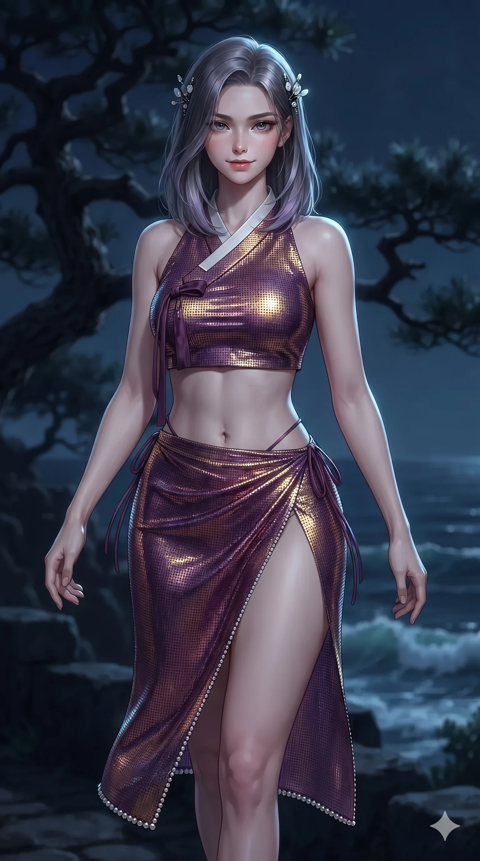 score_9, masterpiece, best quality, ultra-detailed, high-budget anime keyframe, editorial fashion photography, tasteful artistic composition, Caucasian woman. close-up cowboy shot from the waist and thighs up, the character dominates the composition, filling the frame with her large presence. tilting her head with a teasing half-smile, running one hand slowly down the side of her hip in a flirtatious S-curve as ambient light caresses her silhouette while walking slowly along the cliffside parapet with hypnotic grace, hips swaying in an alluring sensual rhythm that commands the ocean void. The background shows a soft-focus gnarled ancient pine silhouettes and rolling ocean waves below blurred into deep midnight navy, silver, and charcoal bokeh. She has an exceptionally elegant, slender, and willowy female figure with an ultra-slim waist, flat toned midriff, narrow ribcage, and sculpted feminine hips creating an alluring, slim hourglass silhouette without bulk. sharp v-shaped jawline, high-bridge nose, sparkling eyes with hypnotic seductive depth, thick curled eyelashes, glossy parted lips with a natural dewy peach sheen, alluring bedroom-eyes with an enchanting coquettish smile, exuding magnetic siren charisma and sophisticated glamour, flawlessly proportioned anatomical accuracy, strict slender model proportions, natural body alignment, perfectly sculpted long slender limbs, ultra-slim waistline, clean dynamic posture without body distortion. wearing an alluring low-slung modern hanbok wrap skirt with bare waist flanks and delicate silk cord ties in imperial gold and royal plum purple, crafted from stretch micro-mesh with metallic foil coating that shimmers in the moonlight, finished with delicate mother-of-pearl hairpin ornaments glinting in her dark glossy hair, the glove-like clinging cut tightly following the natural contour of her hips and long slender legs with youthful 8.5-heads elegance. illuminated by ocean surf seafoam bounce and sharp cyan-platinum rim lights sculpting her razor-sharp jawline, narrow waist, and curvy hips. ultra-reflective glossy finish, specular highlights, rich textural contrasts, high-contrast stereoscopic depth, volumetric dynamic lighting, 2k, ultra detail, master piece, 9:16 ratio