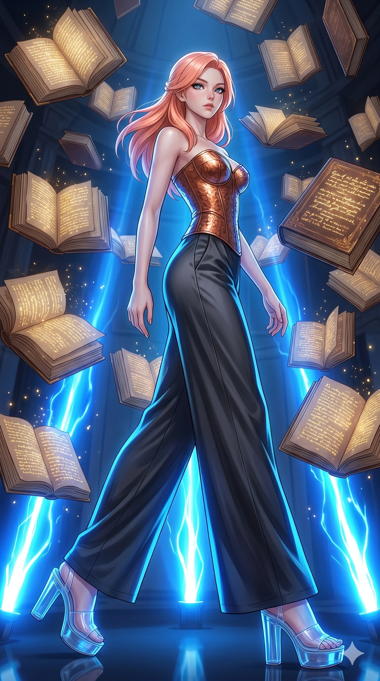 score_9, masterpiece, best quality, ultra-detailed, high-budget anime keyframe, editorial fashion photography, tasteful artistic composition, Japanese woman. low angle full-body shot from head to toe showing her feet, filling the entire 9:16 vertical frame with her statuesque presence, stretching her vertical silhouette. Executing a dynamic turning step with one leg extended behind within a chamber of floating books whose pages are written in glowing golden ink. She has an absolutely perfect 8-heads proportion, an exceptionally tall and slender female figure with impossibly long slender legs and an ultra-slim waist. V-shaped jawline, high-bridge nose, intricate jewel-like eyes with depth, thick eyelashes, glossy lips with a natural sheen. wearing a structured bustier in hammered copper-plate fabric, paired with flowing wide-leg palazzo trousers in charcoal silk satin. highlighted by pulsing electric blue plasma arc lighting from below, casting dramatic upward shadows. 2k, ultra detail, master piece, 9:16 ratio