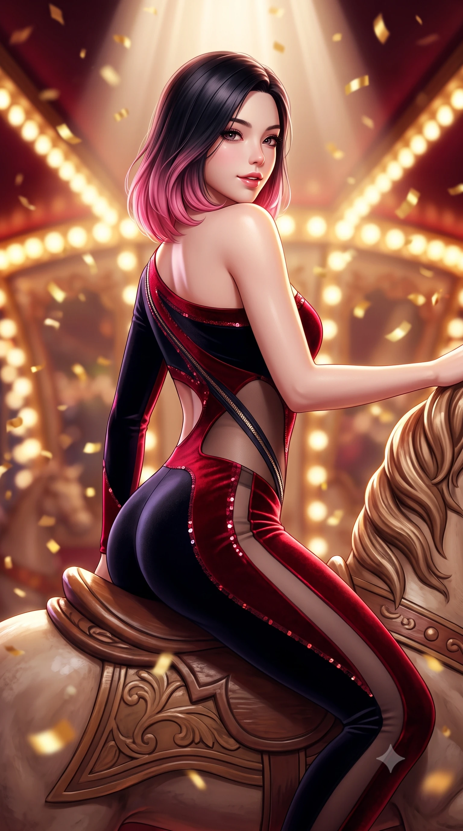 score_9, masterpiece, best quality, ultra-detailed, high-budget anime keyframe, semi-realistic 3D game render, editorial fashion photography, tasteful artistic composition, Korean woman. close-up cowboy shot from the waist and thighs up, the character dominates the composition, filling the frame with her large presence. turning over a bare shoulder with an intoxicating, teasing smile, her soft hair framing her sharp jawline as her hips angle gracefully while perching sideways on the saddle of an antique carousel horse, looking back over a bare shoulder with an intoxicating, teasing smile. The composition keeps background elements in soft focus with creamy bokeh. swirling gold confetti and carousel bulb light strings blurred into rich amber, ruby-red, and champagne bokeh. She has an exceptionally elegant, slender, and willowy female figure with an ultra-slim waist, a gracefully sculpted slender torso, toned flat midriff, and rounded feminine hips creating an alluring hourglass silhouette. sharp v-shaped jawline, high-bridge nose, intricate jewel-like eyes with depth, thick eyelashes, glossy parted lips with a natural sheen, intensely captivating and seductive bedroom-eyes expression, flawlessly proportioned anatomical accuracy, strict slender model proportions, natural body alignment, perfectly sculpted long slender limbs, ultra-slim waistline, clean dynamic posture without body distortion. wearing an asymmetric one-shoulder carnival catsuit with sheer contouring mesh panels and sequin striping in midnight obsidian black and blood crimson velvet, made of stretchy athletic knit with sheer mesh cutout inserts, accented with diagonal metal zippers running across the side-waist cutouts, the glove-like aerodynamic silhouette tightly following the natural contour of her hips and long slender legs with statuesque precision. bathed in dramatic overhead circular spotlight beams and warm golden carousel perimeter glow. highly saturated vibrant anime colors, detailed shading with soft gradients, rich glossy textures, high-contrast stereoscopic depth, volumetric dynamic lighting, master piece, 9:16 ratio