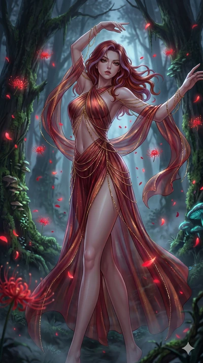 score_9, masterpiece, best quality, ultra-detailed, High-budget Anime Keyframe, East Asian woman. Low angle cowboy shot filling the entire 9:16 frame with her statuesque presence. Scenario 255: Dancing amidst falling red spider lilies in a misty dark