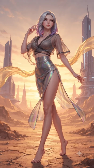 score_9, masterpiece, best quality, ultra-detailed, high-budget anime keyframe, editorial fashion photography, tasteful artistic composition, Caucasian woman. low angle full-body shot from head to toe showing her feet, filling the entire 9:16 vertica
