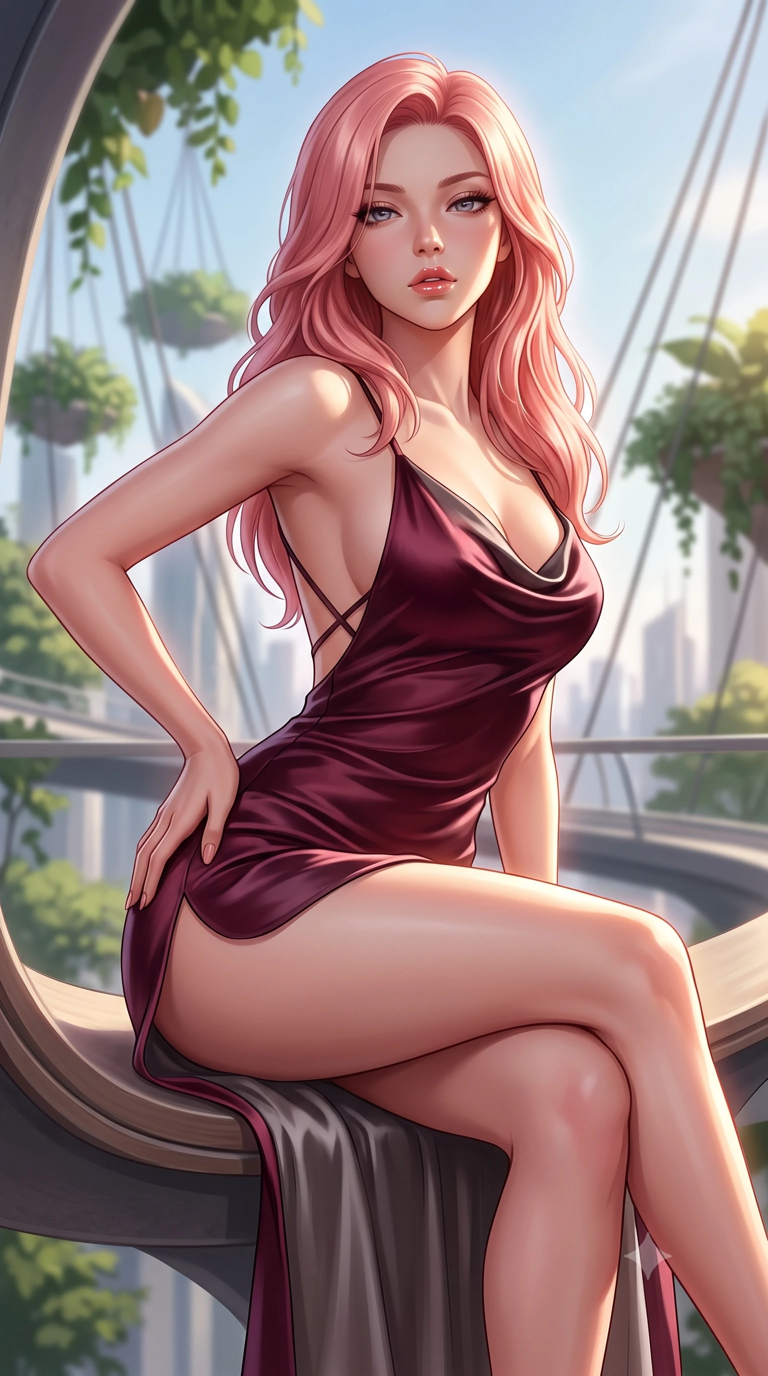 score_9, masterpiece, best quality, ultra-detailed, high-budget anime keyframe, semi-realistic 3D game render, editorial fashion photography, tasteful artistic composition, Japanese woman. close-up cowboy shot from the waist and thighs up, the character dominates the composition, filling the frame with her large presence. arching her spine backward with effortless dancer poise, one hand sliding along her hip line as directional light carves specular highlights along her silhouette while perching on the curved architectural skyway bench, long slender legs crossed and torso angled back to display her flat midriff and slender hourglass curves. The composition keeps background elements in soft focus with creamy bokeh. floating botanical canopy foliage and suspension cable lines softened in cinematic shallow depth of field. She has an exceptionally elegant, slender, and willowy female figure with an ultra-slim waist, flat toned midriff, narrow ribcage, and sculpted feminine hips creating an alluring, slim hourglass silhouette without bulk. sharp v-shaped jawline, high-bridge nose, intricate jewel-like eyes with depth, thick eyelashes, glossy parted lips with a natural sheen, intensely captivating and seductive bedroom-eyes expression, flawlessly proportioned anatomical accuracy, strict slender model proportions, natural body alignment, perfectly sculpted long slender limbs, ultra-slim waistline, clean dynamic posture without body distortion. wearing a backless cowl-neck satin slip dress featuring high-cut side hip slits and delicate criss-cross back straps in deep wine burgundy and brushed dark platinum, made of fluid silk crepe with delicate inner corsetry boning, finished with criss-cross back satin straps highlighting her graceful shoulder blades, the liquid-tight tailored fabric clinging flawlessly to her narrow waist and rounded feminine hips, emphasizing every millimeter of her sculpted slim hourglass curves without any bulky heaviness. surrounded by a visionary, electrifying, and breathlessly magnificent eco-metropolis queen aura. highly saturated vibrant anime colors, detailed shading with soft gradients, rich glossy textures, high-contrast stereoscopic depth, volumetric dynamic lighting, master piece, 9:16 ratio