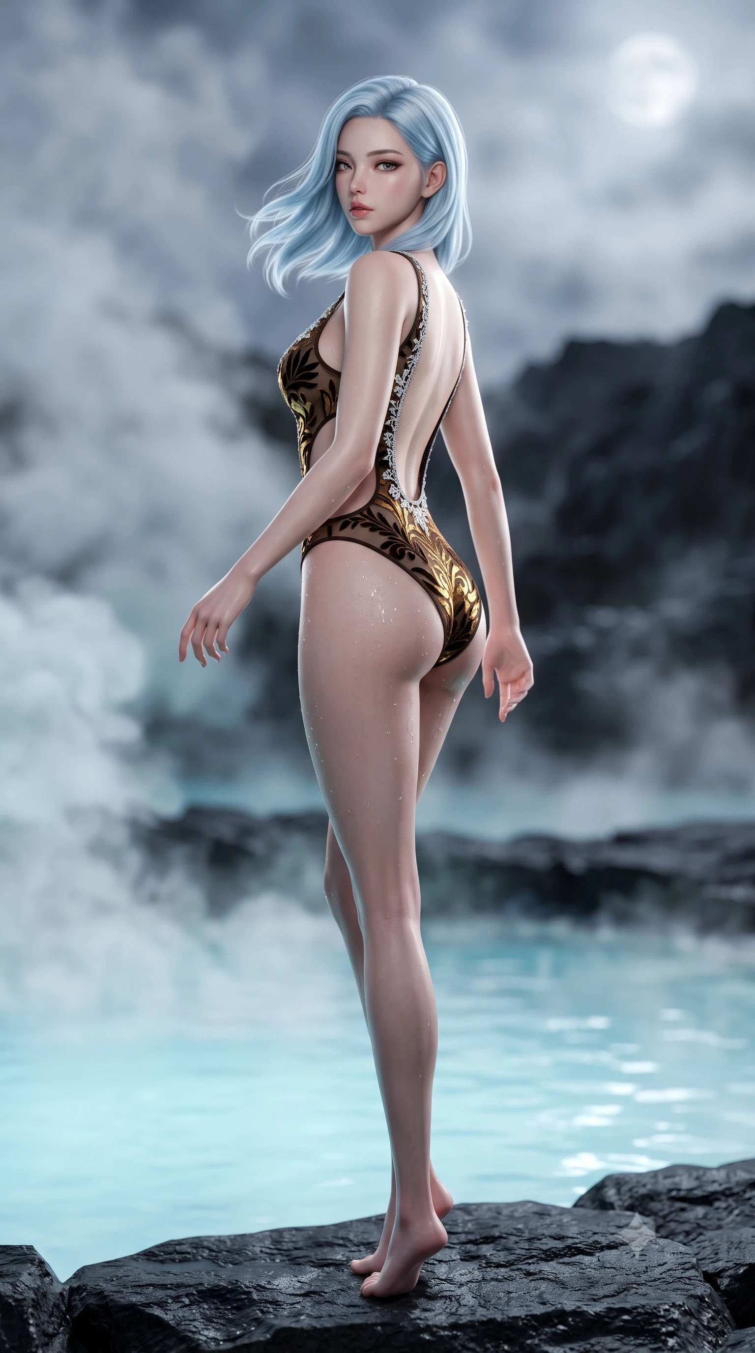 score_9, masterpiece, best quality, ultra-detailed, high-budget anime keyframe, semi-realistic 3D game render, editorial fashion photography, tasteful artistic composition, Korean woman. low angle full-body shot from head to toe showing her feet, filling the entire 9:16 vertical frame with her statuesque presence, stretching her vertical silhouette. executing an elegant mid-motion pivot turn as garments swirl around her slender limbs, glancing over her shoulder with an intoxicating bedroom-gaze while sitting on the black basalt rock rim of the steaming geothermal lagoon, water droplets beading on her hip as she glances back with parted lips. The composition keeps background elements in soft focus with creamy bokeh. swirling geothermal steam clouds and distant volcanic basalt ridges blurred into milky-cyan, deep charcoal, and silver-moonlight bokeh. She has an exceptionally tall and slender model-like 8.5-heads proportion, an ultra-slim waist, a flat toned midriff, narrow delicate ribcage, and beautifully sculpted feminine hips creating a graceful, slim hourglass silhouette without any bulky heaviness, with impossibly long slender legs. sharp v-shaped jawline, high-bridge nose, intricate jewel-like eyes with depth, thick eyelashes, glossy parted lips with a natural sheen, intensely captivating and seductive bedroom-eyes expression, flawlessly proportioned anatomical accuracy, strict slender model proportions, natural body alignment, perfectly sculpted long slender limbs, ultra-slim waistline, clean dynamic posture without body distortion. wearing a botanical cutout monokini with organic leaf-curve side openings and high-cut hip bands in dark espresso brown and molten gold foil, made of sheer contouring power-mesh with velvet flocking patterns, finished with delicate crystal frost embroidery tracing the plunging neckline, the precision-cut side openings and low-back scoop framing her graceful spine and the sensual sweep of her slim, toned hips. bathed in soft underwater milky-cyan LED lagoon illumination and cool silver full-moon light from above. highly saturated vibrant anime colors, detailed shading with soft gradients, rich glossy textures, high-contrast stereoscopic depth, volumetric dynamic lighting, master piece, 9:16 ratio