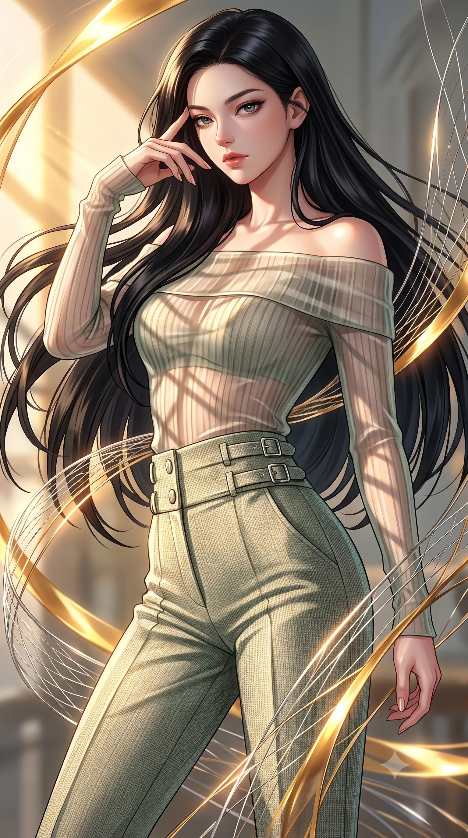score_9, masterpiece, best quality, ultra-detailed, high-budget anime keyframe, editorial fashion photography, tasteful artistic composition, Korean woman. close-up cowboy shot from the waist and thighs up, the character dominates the composition, filling the frame with her large presence, background elements kept in soft focus. Resting her fingers gracefully near her temple, casting a sharp mysterious side-gaze during her stride while pivoting sharply with a dynamic waist tilt as golden solar flare ribbons swirl around her, platinum wire lattices reflecting intense warm sunlight with brilliant metallic luster. She has an exceptionally elegant, slender, and willowy female figure with an ultra-slim waist, a gracefully sculpted slender torso, and a refined silhouette. sharp v-shaped jawline, high-bridge nose, intricate jewel-like eyes with depth, thick eyelashes, glossy lips with a natural sheen, flawlessly proportioned anatomical accuracy, natural body alignment, perfectly sculpted elegant limbs, clean dynamic posture without body distortion. wearing a sleek off-shoulder ribbed knit top paired with high-waist tailored pants in sage green and oatmeal, woven from fine semi-opaque sheer organza, detailed with polished silver buckles along the waistline, the glove-like fit emphasizing her statuesque silhouette during motion. illuminated by a majestic golden key light casting sharp dynamic shadow grids. highly saturated vibrant anime colors, detailed shading with soft gradients, rich glossy textures, high-contrast stereoscopic depth, volumetric dynamic lighting, master piece, 9:16 ratio