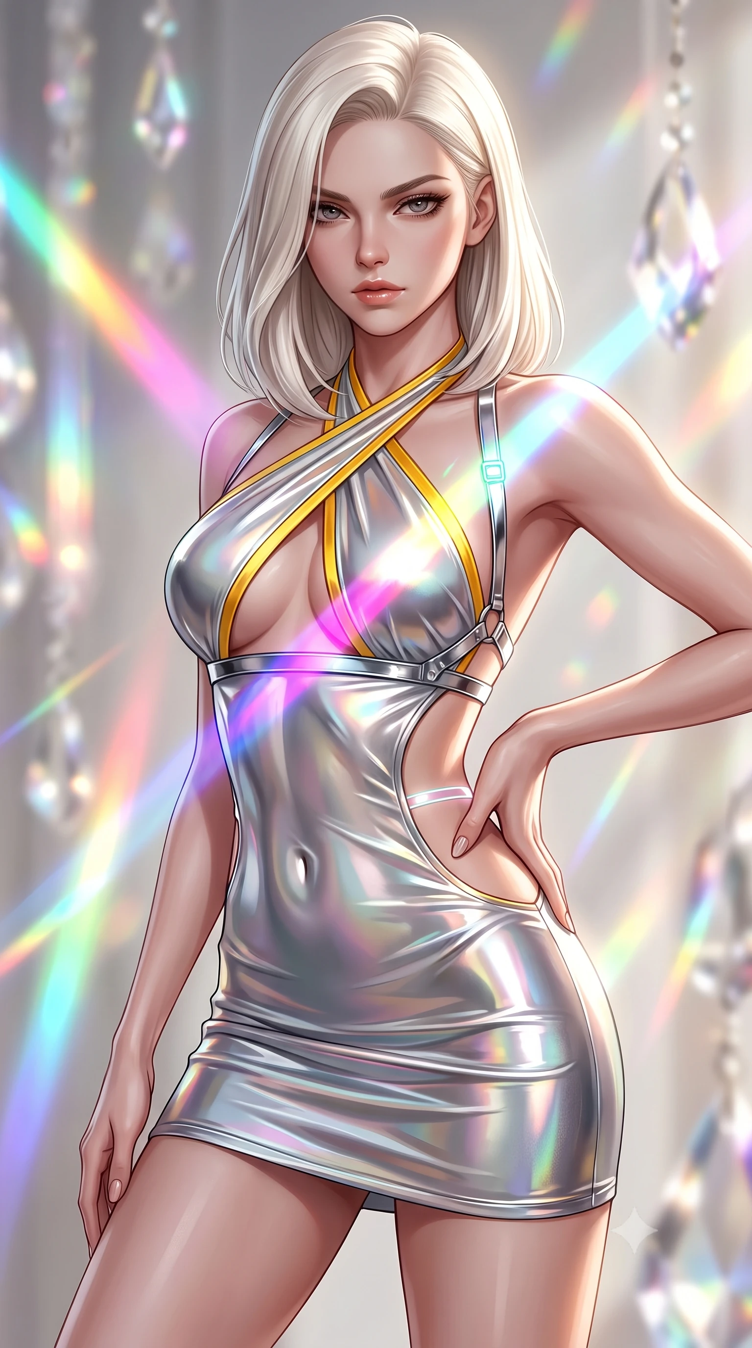 score_9, masterpiece, best quality, ultra-detailed, high-budget anime keyframe, semi-realistic 3D game render, editorial fashion photography, tasteful artistic composition, Caucasian woman. close-up cowboy shot from the waist and thighs up, the character dominates the composition, filling the frame with her large presence. twisting her upper body in a dynamic S-curve with an alluring smolder, one hand trailing along her slender waist while twisting her upper body in a dynamic S-curve as brilliant magenta, cyan, and yellow prism beams cross her chest. The composition keeps background elements in soft focus with creamy bokeh. vibrant rainbow spectrum light beams and crystal facets blurred into dazzling prismatic bokeh. She has an exceptionally elegant, slender, and willowy female figure with an ultra-slim waist, a gracefully sculpted slender torso, toned flat midriff, and a refined slim silhouette. sharp v-shaped jawline, high-bridge nose, intricate jewel-like eyes with depth, thick eyelashes, glossy lips with a natural sheen, flawlessly proportioned anatomical accuracy, strict slender model proportions, natural body alignment, perfectly sculpted long slender limbs, ultra-slim waistline, clean dynamic posture without body distortion. wearing a molten silver liquid-metal mini dress featuring deep side-waist cutouts and a daring crossover halter neckline in vibrant sunburst canary yellow and gold trim, made of smooth iridescent silk chiffon that shifts colors with movement, reinforced by a sleek metallic chrome harness and delicate glowing micro-straps, the form-contouring material adhering flawlessly to her sculpted flat midriff and slender torso, emphasizing her long leg lines and perfectly proportioned willowy build. bathed in brilliant natural white daylight intersected by vivid saturated rainbow prism beams. highly saturated vibrant anime colors, detailed shading with soft gradients, rich glossy textures, high-contrast stereoscopic depth, volumetric dynamic lighting, master piece, 9:16 ratio