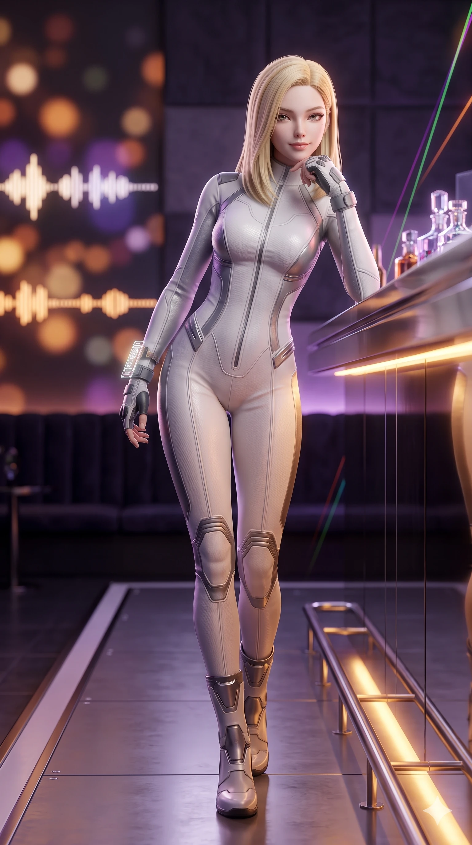score_9, masterpiece, best quality, ultra-detailed, high-budget anime keyframe, semi-realistic 3D game render, editorial fashion photography, tasteful artistic composition, Korean woman. low angle full-body shot from head to toe showing her feet, filling the entire 9:16 vertical frame with her statuesque presence, stretching her vertical silhouette. stepping forward in a confident stride along the catwalk, her long slender legs and curvaceous hips creating a dynamic, sweeping vertical line while leaning against the mirror-polished counter with hips cocked back, resting her chin on one hand while casting an alluring bedroom-gaze into the camera. The background shows a soft-focus floating illuminated soundwave ribbon visualizers, illuminated crystal liquor displays, and velvet acoustic panels blurred into amber, amethyst, and charcoal bokeh. She has an absolutely perfect, statuesque 8.5-heads proportion, an exceptionally tall and slender model-like female figure with impossibly long slender legs, an ultra-slim waist, a flat toned midriff, narrow delicate ribcage, and beautifully sculpted feminine hips creating a graceful, slim hourglass silhouette without any bulky heaviness. sharp v-shaped jawline, high-bridge nose, intricate jewel-like sparkling eyes with depth, thick eyelashes, glossy parted lips with a natural sheen, bright confident smile with an enchanting and coquettish sensual glint, exuding both youthful magnetic charm and sovereign high-tech allure, flawlessly proportioned anatomical accuracy, strict slender model proportions, natural body alignment, perfectly sculpted long slender limbs, ultra-slim waistline, clean dynamic posture without body distortion. wearing a refined long-sleeve high-collar flight jumpsuit crafted with ergonomic pressure-sealed seams in pure alabaster white and brushed silver accents, tailored from brushed aeronautical titanium alloy with matte satin sheen, complemented by fingerless armored tactical gloves and a glowing holographic wrist terminal, the bespoke structured tailoring following the natural line of her 8.5-heads silhouette with refined elegance. bathed in the warm, moody amber and soft purple under-counter mood lighting with crisp laser accent beams. highly saturated vibrant anime colors, detailed shading with soft gradients, rich glossy textures, high-contrast stereoscopic depth, volumetric dynamic lighting, master piece, 9:16 ratio