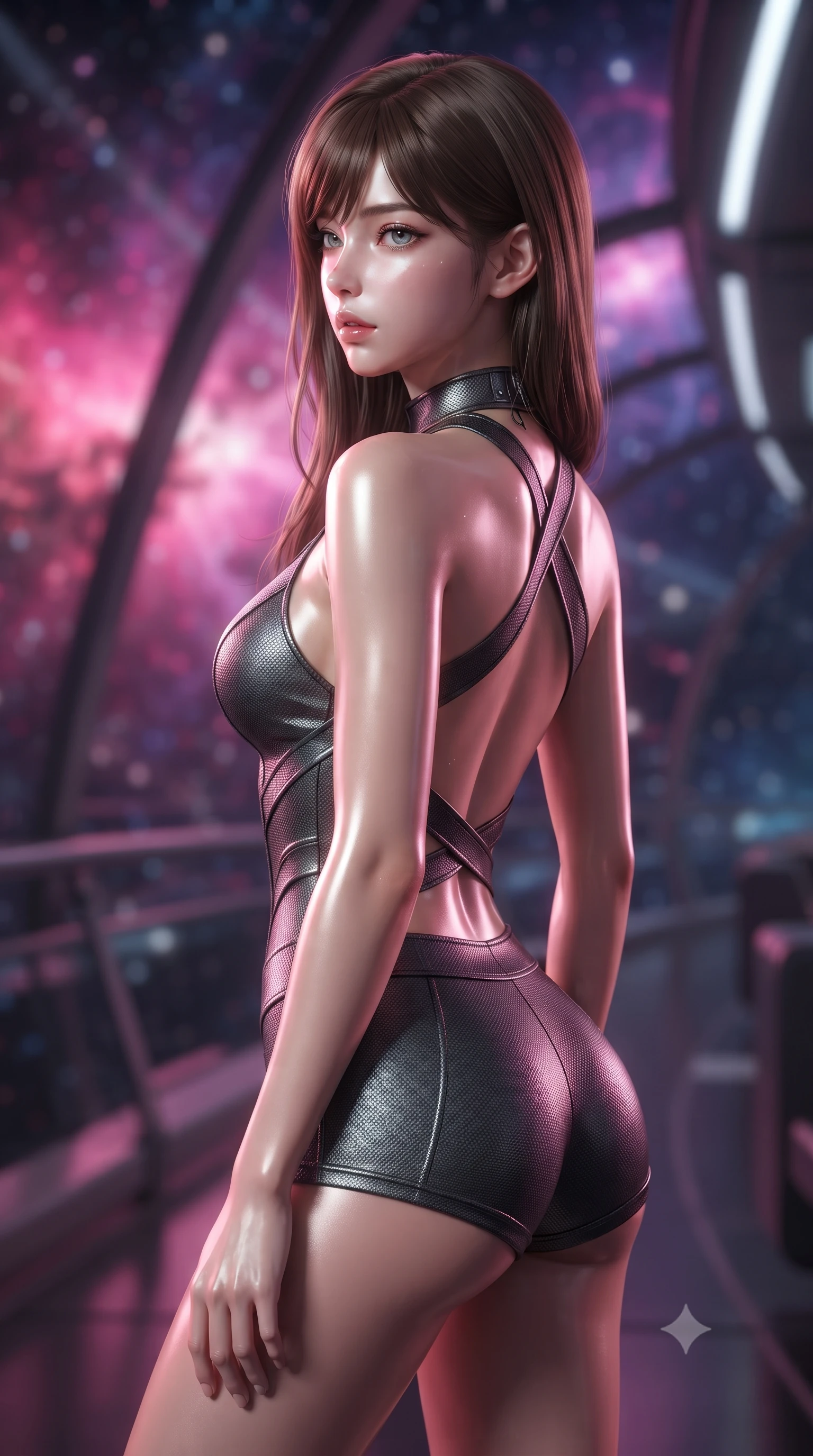 score_9, masterpiece, best quality, ultra-detailed, high-budget anime keyframe, editorial fashion photography, tasteful artistic composition, Korean woman. close-up cowboy shot from the waist and thighs up, the character dominates the composition, filling the frame with her large presence, background elements kept in soft focus. turning her face in profile to look over her shoulder, casting a smoldering side gaze with lips slightly parted, the background shows a soft-focus a rail observation deck train lounge winding through a cosmic nebula in space. She has an exceptionally elegant, slender, and willowy female figure with an ultra-slim waist, a gracefully sculpted slender torso, and a refined silhouette. sharp v-shaped jawline, high-bridge nose, intricate jewel-like eyes with depth, thick eyelashes, glossy lips with a natural sheen. wearing a body-hugging backless halter-neck combat top with criss-cross strapping, paired with carbon-alloy micro-shorts. glass train lounges catching the pink and purple hues of nebula light. ultra-reflective glossy finish, specular highlights, metallic sheen, high-contrast stereoscopic depth, volumetric dynamic lighting, 2k, ultra detail, master piece, 9:16 ratio