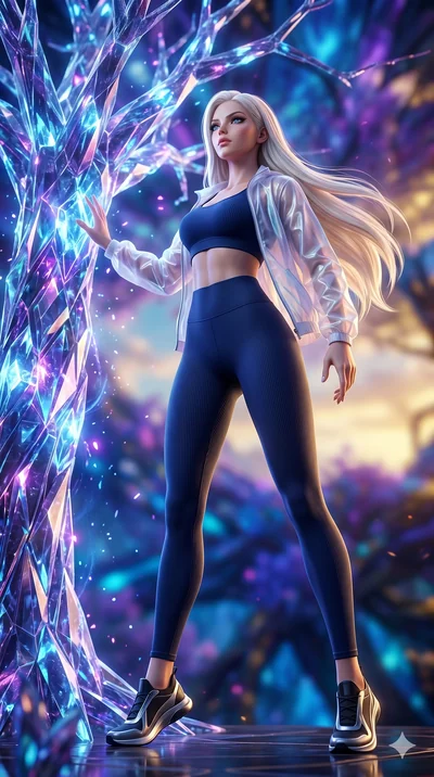 score_9, masterpiece, best quality, ultra-detailed, semi-realistic 3D game render, high-fidelity textures, Unreal Engine 5 style, Japanese woman. Low angle cowboy shot capturing a powerful motion and statuesque presence. drawing energy from a crystal