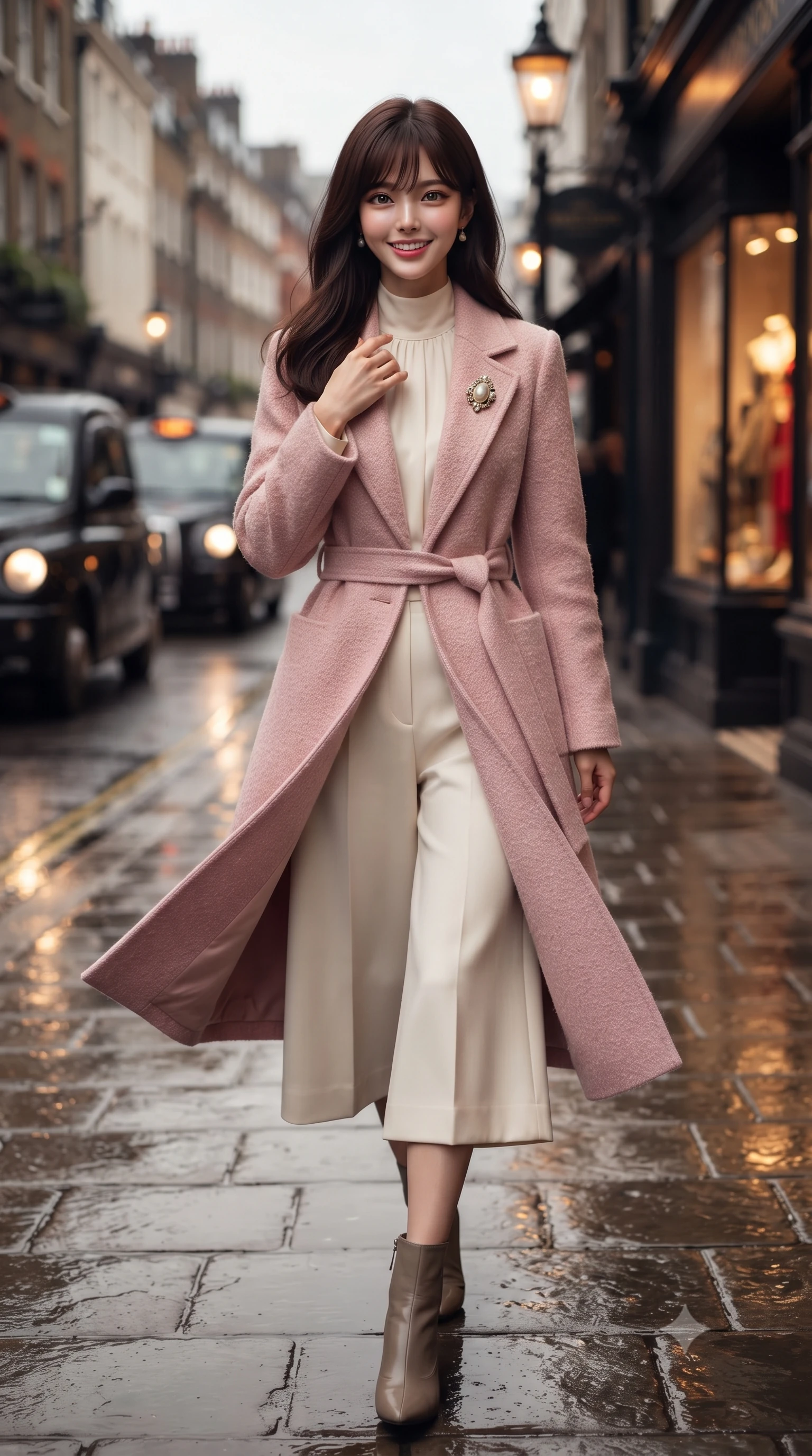 score_9, masterpiece, best quality, ultra-detailed, high-budget anime keyframe, editorial fashion photography, tasteful artistic composition, Korean woman. close-up cowboy shot from the waist and thighs up, the character dominates the composition, filling the frame with her large presence. resting one hand gracefully on her tailored blazer lapel while looking into the camera with bright, sparkling eyes while walking down the rain-slicked London street with confident model strides, her trench coat fluttering with dynamic rhythm. The background shows a soft-focus glowing gas lanterns reflecting on wet cobblestones, classic black cabs driving past, and warm storefront displays blurred into amber, charcoal, and ruby bokeh. She has an exceptionally elegant, slender, and willowy female figure with an ultra-slim waist, flat toned midriff, narrow ribcage, and sculpted feminine hips creating an alluring, slim hourglass silhouette without bulk. sharp v-shaped jawline, high-bridge nose, intricate jewel-like sparkling eyes with depth, thick eyelashes, glossy parted lips with a natural peach sheen, bright cheerful beaming smile with an enchanting and coquettish sensual glint, exuding both youthful cute charm and seductive allure, flawlessly proportioned anatomical accuracy, strict slender model proportions, natural body alignment, perfectly sculpted long slender limbs, ultra-slim waistline, clean dynamic posture without body distortion. wearing a modern tailored silk-blend robe coat with minimalist sash belt layered over a high-neck blouse and wide culottes in Parisian pastel rose bouclé and cream pearl, made of luxurious brushed wool flannel with rich textural depth and clean structure, complemented by an antique baroque pearl brooch pinned tastefully on the lapel, the streamlined silhouette following her natural slender proportions with sophisticated poise, enhancing her tall willowy presence. bathed in diffused London overcast sky light contrasted with warm incandescent shopfront display illumination. ultra-reflective glossy finish, specular highlights, rich textural contrasts, high-contrast stereoscopic depth, volumetric dynamic lighting, 2k, ultra detail, master piece, 9:16 ratio