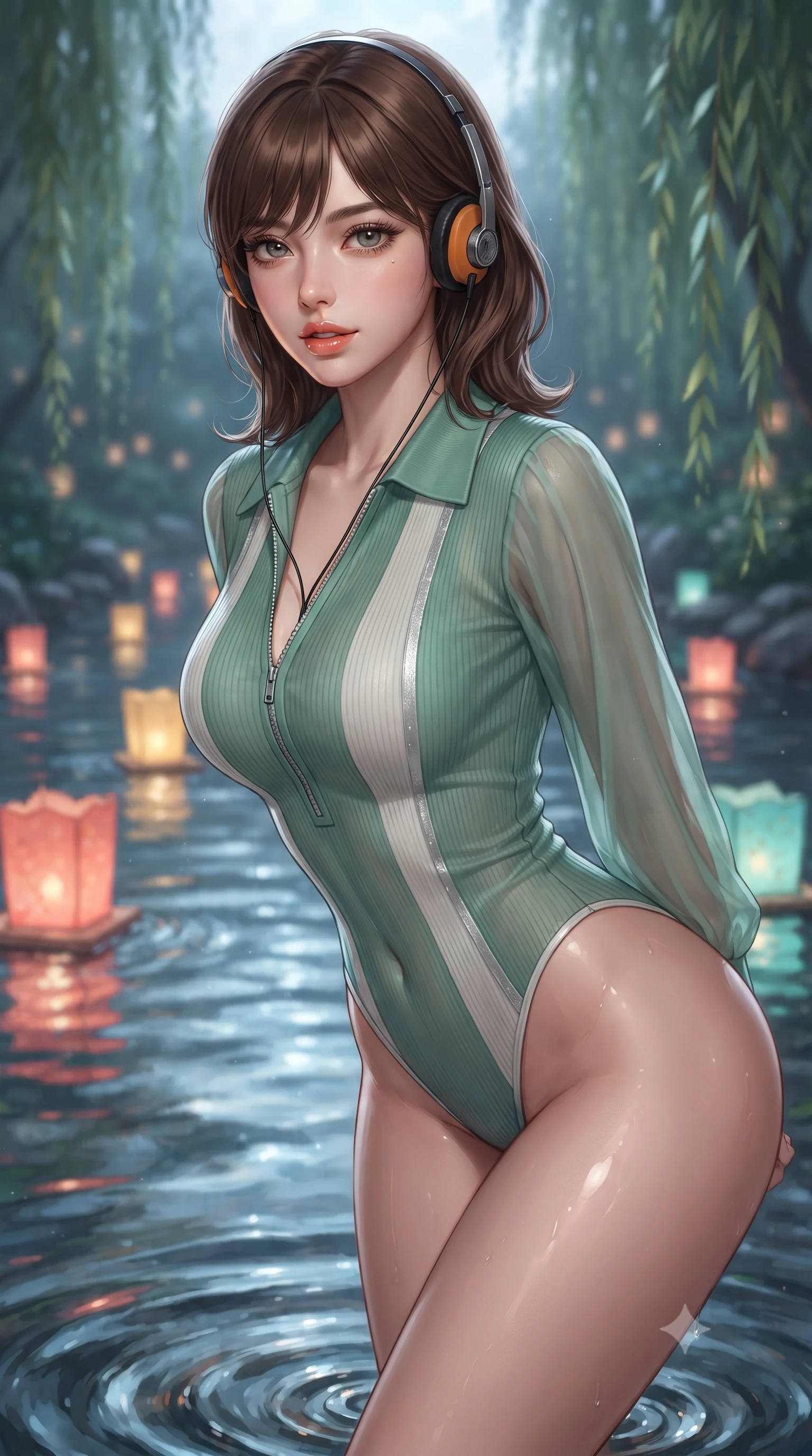 score_9, masterpiece, best quality, ultra-detailed, high-budget anime keyframe, editorial fashion photography, tasteful artistic composition, Korean woman. close-up cowboy shot from the waist and thighs up, the character dominates the composition, filling the frame with her large presence. leaning forward while arching her lower back to accentuate her curvy hips, looking into the camera with an intoxicating smoldering gaze and bedroom-eyes while twisting her slender torso in an alluring S-curve, water rippling below casting liquid reflections over her flat midriff and hips. The background shows a soft-focus floating paper lantern lights on the stream and weeping willows blurred into coral, gold, and aquamarine bokeh. She has an exceptionally elegant, slender, and willowy female figure with an ultra-slim waist, flat toned midriff, narrow ribcage, and sculpted feminine hips creating an alluring, slim hourglass silhouette without bulk. sharp v-shaped jawline, high-bridge nose, sparkling eyes with hypnotic seductive depth, thick curled eyelashes, glossy parted lips with a natural dewy peach sheen, alluring bedroom-eyes with an enchanting coquettish smile, exuding magnetic siren charisma and sophisticated glamour, flawlessly proportioned anatomical accuracy, strict slender model proportions, natural body alignment, perfectly sculpted long slender limbs, ultra-slim waistline, clean dynamic posture without body distortion. wearing a retro-chic ribbed knit polo bodysuit with a plunging front zipper and high-cut leg openings in moonlit jade green and pure alabaster white with silver accents, made of sheer gossamer chiffon that drapes softly against skin with airy translucence, complemented by a retro cassette walkman with vintage foam-padded orange headphones, the liquid-tight tailored fabric clinging flawlessly to her narrow waist and rounded feminine hips, emphasizing every millimeter of her sculpted slim hourglass curves without any bulky heaviness. bathed in radiant celestial moonlight combined with floating candle lantern glows from the stream. ultra-reflective glossy finish, specular highlights, rich textural contrasts, high-contrast stereoscopic depth, volumetric dynamic lighting, 2k, ultra detail, master piece, 9:16 ratio