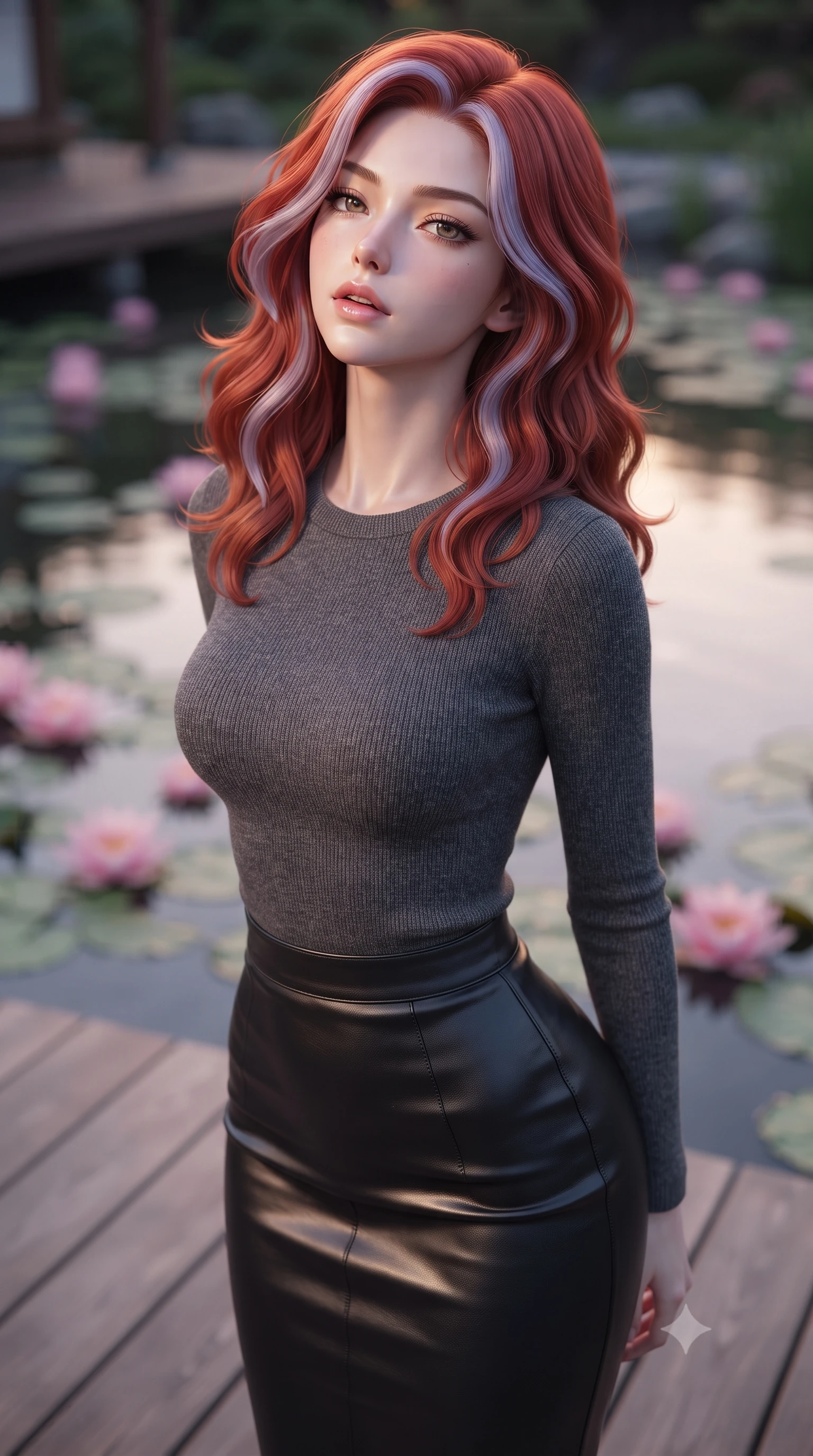 score_9, masterpiece, best quality, ultra-detailed, high-budget anime keyframe, editorial fashion photography, tasteful artistic composition, Caucasian woman woman. close-up cowboy shot from the waist and thighs up, the character dominates the composition, filling the frame with her large presence, background elements kept in soft focus. tilting her chin up slightly with lips parted in a composed, provocative expression the background shows a soft-focus a wooden deck overlooking a calm pond filled with blooming pink water lilies. She has an exceptionally elegant, slender, and willowy female figure with an ultra-slim waist, a gracefully sculpted slender torso, and a refined silhouette. sharp v-shaped jawline, high-bridge nose, intricate jewel-like eyes with depth, thick eyelashes, glossy lips with a natural sheen. wearing a form-contouring body-hugging knit top in charcoal grey, paired with a tight-fitting leather midi skirt. soft twilight glow reflecting on the still water surface. ultra-reflective glossy finish, specular highlights, metallic sheen, high-contrast stereoscopic depth, volumetric dynamic lighting, 2k, ultra detail, master piece, 9:16 ratio