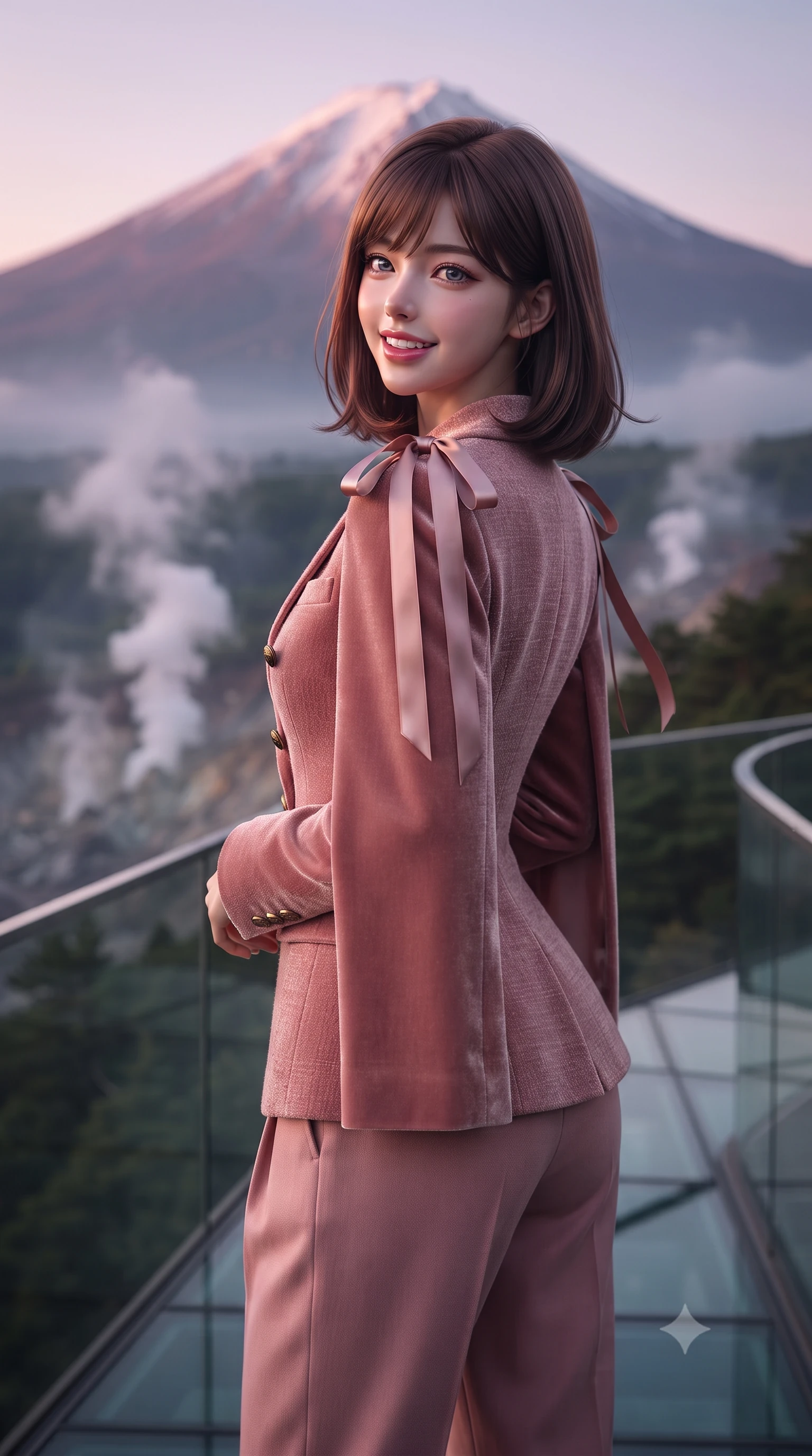 score_9, masterpiece, best quality, ultra-detailed, high-budget anime keyframe, editorial fashion photography, tasteful artistic composition, Korean woman. close-up cowboy shot from the waist and thighs up, the character dominates the composition, filling the frame with her large presence. posing in an alluring rear three-quarter angle, looking over a bare shoulder with parted glossy lips, her hips cocked back to highlight her slim hourglass curve while standing poised on the cantilevered structural glass bridge overlooking the misty Owakudani volcanic valley, arching her spine with commanding diva grace. The background shows a soft-focus snow-crested Mount Fuji glowing in evening alpenglow, wisps of volcanic steam from misty forested gorges, blurred into rose, violet, and charcoal bokeh. She has an exceptionally elegant, slender, and willowy female figure with an ultra-slim waist, flat toned midriff, narrow ribcage, and sculpted feminine hips creating an alluring, slim hourglass silhouette without bulk. sharp v-shaped jawline, high-bridge nose, intricate jewel-like sparkling eyes with depth, thick eyelashes, glossy parted lips with a natural peach sheen, bright cheerful beaming smile with an enchanting and coquettish sensual glint, exuding both youthful cute charm and seductive allure, flawlessly proportioned anatomical accuracy, strict slender model proportions, natural body alignment, perfectly sculpted long slender limbs, ultra-slim waistline, clean dynamic posture without body distortion. wearing a tailored Andalusian equestrian double-breasted tweed cape blazer paired with pleated wool trousers in rose-quartz blush and antique burnished brass, tailored from ultra-plush silk velvet with rich tactile depth and deep shadow gradients, finished with satin ribbon ties at the shoulders fluttering in the gentle breeze, the bespoke structured tailoring following the natural line of her 8.5-heads silhouette with refined elegance. illuminated by tatami floor bounce and sharp rose-gold rim lights sculpting her jawline, narrow waist, and curvy hips. ultra-reflective glossy finish, specular highlights, rich textural contrasts, high-contrast stereoscopic depth, volumetric dynamic lighting, 2k, ultra detail, master piece, 9:16 ratio