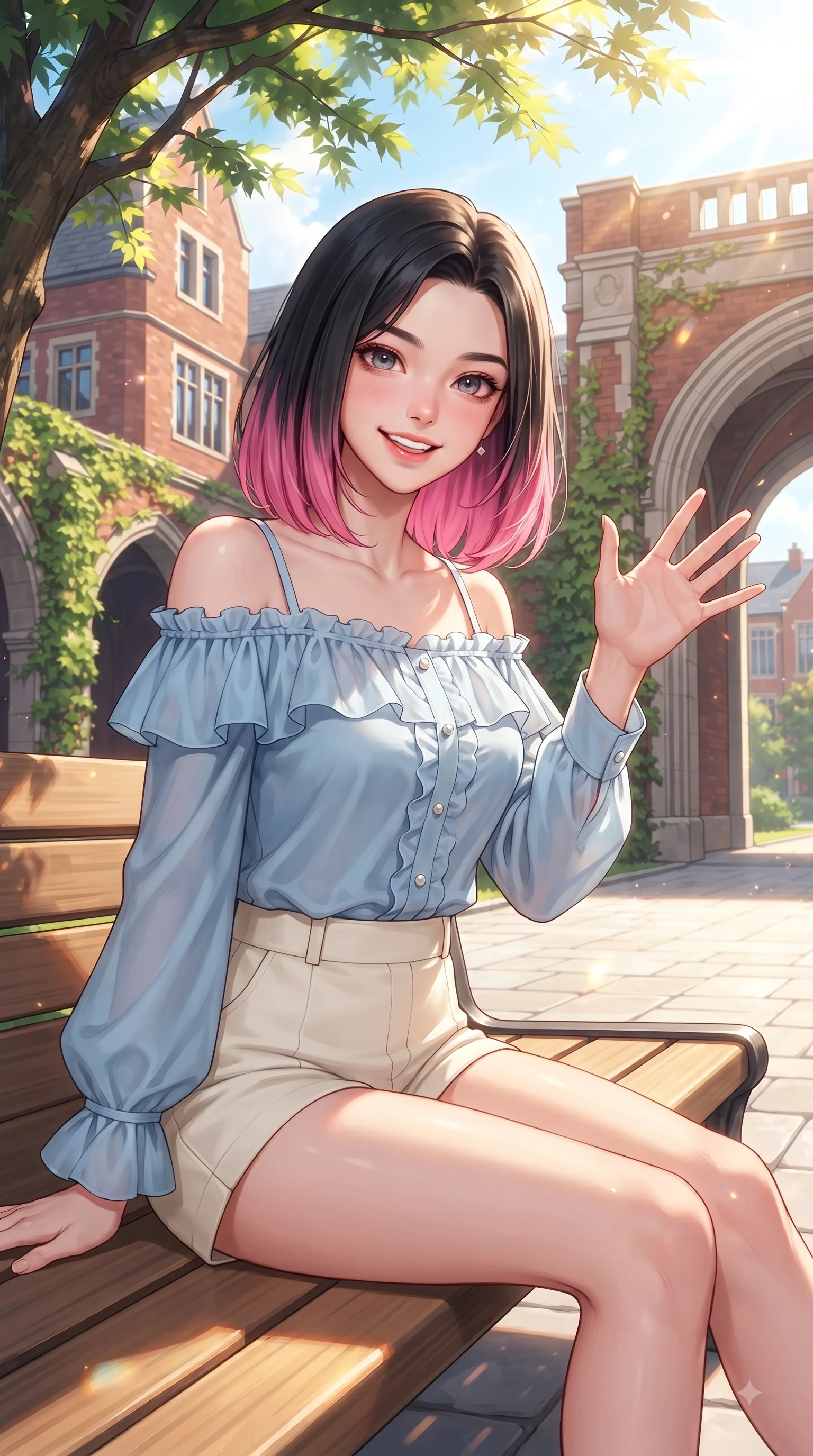 score_9, masterpiece, best quality, ultra-detailed, high-budget anime keyframe, editorial fashion photography, tasteful artistic composition, Korean woman. close-up cowboy shot from the waist and thighs up, the character dominates the composition, filling the frame with her large presence. Fresh enchanting smile, her eyes twinkling like jewels in the bright sunlight as one arm reaches out cheerfully while sitting on a sunlit wooden bench under a shady maple tree on a bright morning campus. The surrounding environment is rendered in vivid detail and crisp panoramic clarity. classic red-brick campus architecture, ivy-covered stone walls, and grand archways in crisp detail. She has an exceptionally elegant, slender, and willowy female figure with an ultra-slim waist, a gracefully sculpted slender torso, and a refined silhouette. sharp v-shaped jawline, high-bridge nose, intricate jewel-like eyes with depth, thick eyelashes, glossy lips with a natural sheen, flawlessly proportioned anatomical accuracy, natural body alignment, perfectly sculpted elegant limbs, clean dynamic posture without body distortion. wearing a light blue off-shoulder chiffon blouse paired with tailored ivory shorts in soft pastel lavender and sky blue, knitted from soft cozy cashmere yarn, finished with subtle ruffle trims and delicate pearl buttons, the breezy lightweight fabric fluttering softly against her delicate frame. illuminated by warm golden sunbursts and bright clear sky refractions. ultra-reflective glossy finish, specular highlights, metallic sheen, high-contrast stereoscopic depth, volumetric dynamic lighting, 2k, ultra detail, master piece, 9:16 ratio