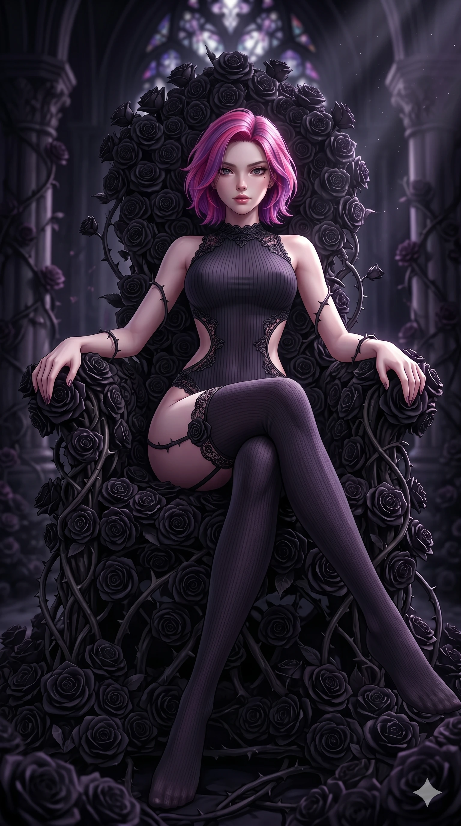 score_9, masterpiece, best quality, ultra-detailed, High-budget Anime Keyframe, East Asian woman. Dynamic full-body shot stretching the vertical silhouette to the limit. Scenario 210: Resting on a throne of black roses, thorns grazing her skin. Her presence is magnetic and overpowering in this high-budget anime scene. Outfit 210: A ribbed bodycon knit garter with a strategic side cut-outs and delicate lace embroidery. The clothing is designed to emphasize her exceptionally tall and slender 8-heads proportion. 8-heads proportion, towering silhouette, ultra-slim waist. sharp v-shaped jawline, intricate jewel-like eyes with depth, thick eyelashes, glossy lips. 2k, ultra detail, master piece, 9:16 ratio