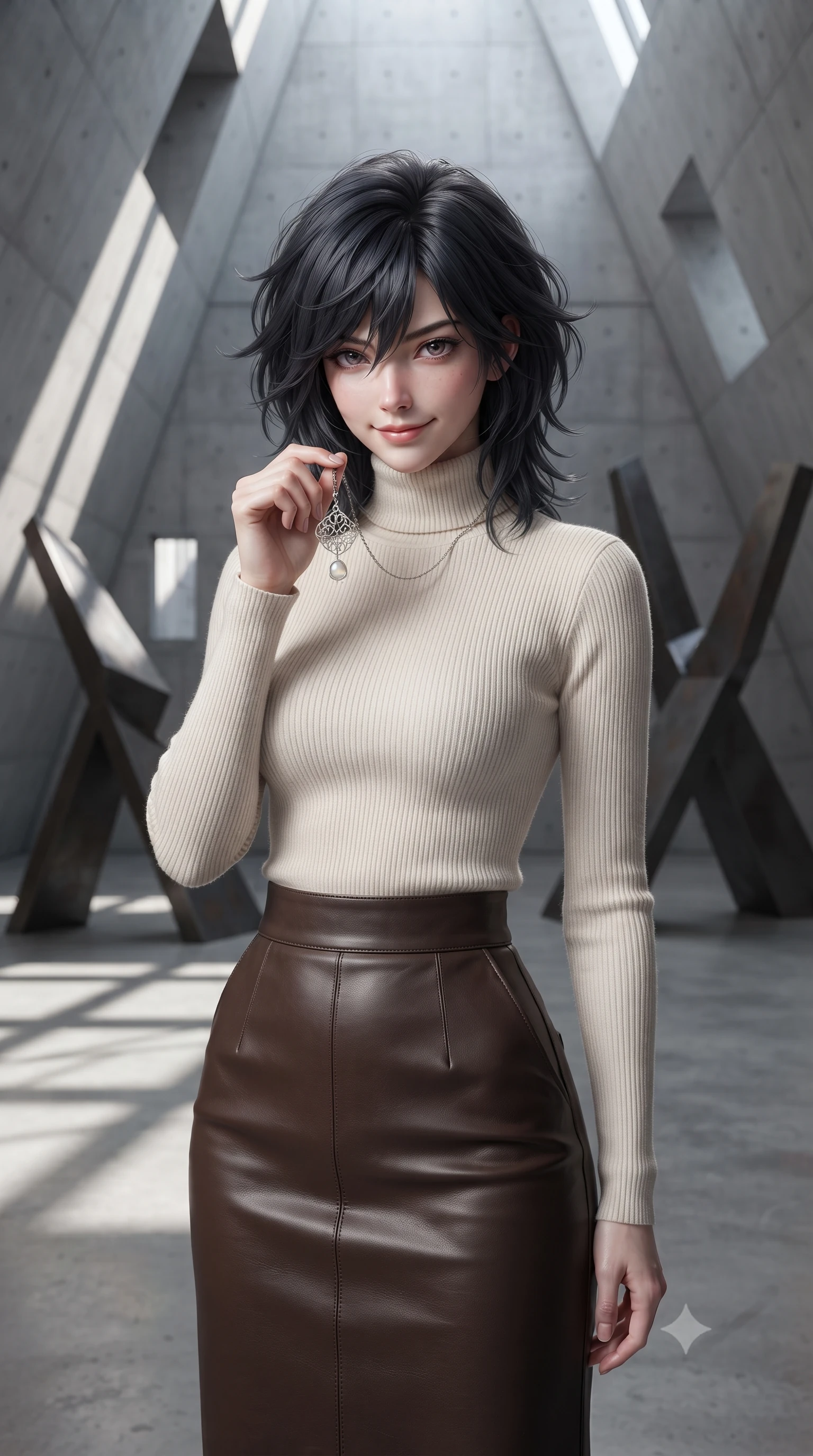 score_9, masterpiece, best quality, ultra-detailed, high-budget anime keyframe, editorial fashion photography, tasteful artistic composition, Caucasian woman, strictly human ears. close-up cowboy shot from the waist and thighs up, the character dominates the composition, filling the frame with her large presence, background elements kept in soft focus. Holding a delicate object up near her face while gazing at the viewer with a knowing smile. set against a soft-focus background of a raw concrete gallery space with dramatically angular walls and soaring ceilings featuring massive abstract steel sculptures and geometric shadow patterns cast by precisely placed architectural openings. She has an exceptionally elegant and slender, willowy female figure with an ultra-slim waist, a gracefully sculpted slender torso, and a refined slim physique. sharp v-shaped jawline, high-bridge nose, intricate jewel-like eyes with depth, thick eyelashes, glossy lips with a natural sheen. wearing a cream ribbed turtleneck sweater paired with a high-waisted espresso brown leather midi skirt. cold silver moonlight filtered through translucent gossamer curtains casting delicate shadows. 2k, ultra detail, master piece, 9:16 ratio