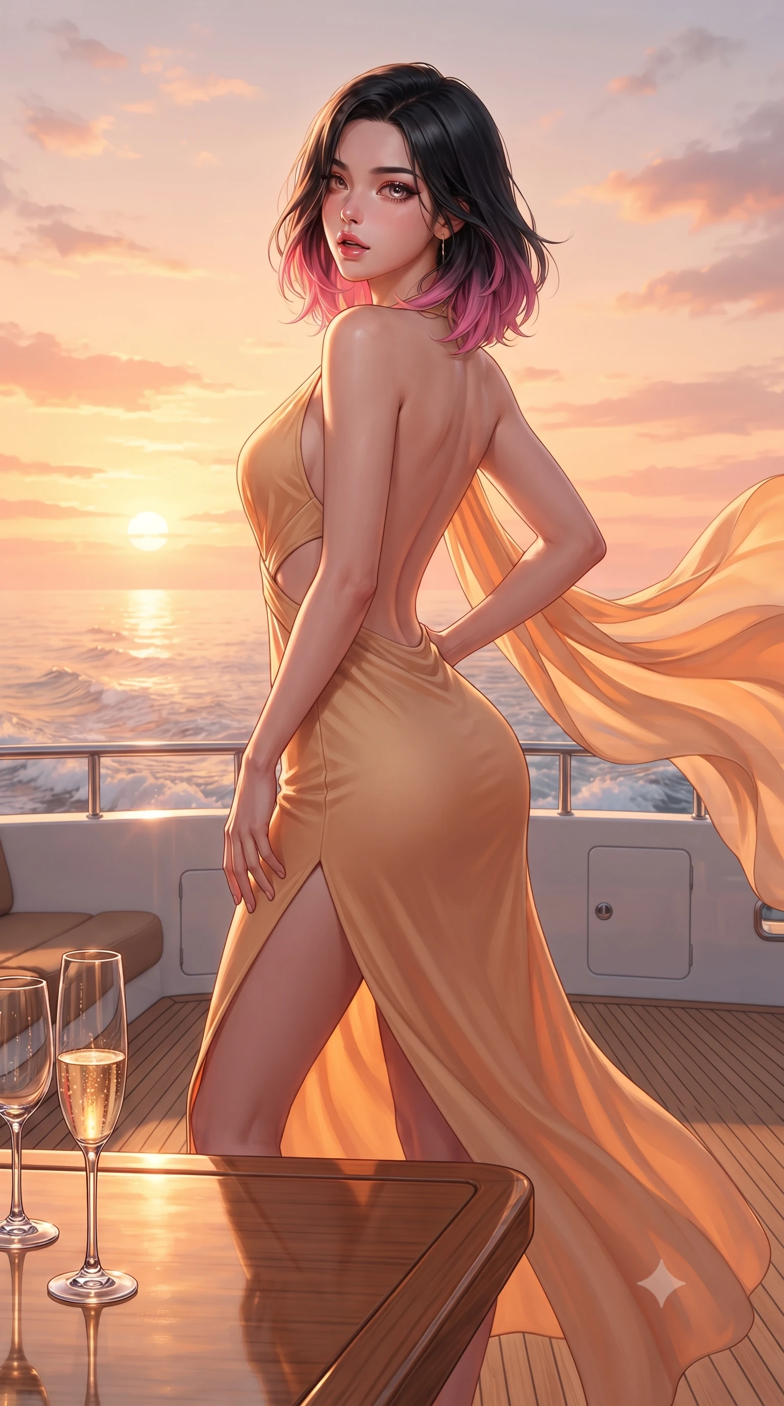 score_9, masterpiece, best quality, ultra-detailed, high-budget anime keyframe, editorial fashion photography, tasteful artistic composition, Korean woman. close-up cowboy shot from the waist and thighs up, the character dominates the composition, filling the frame with her large presence. posing in an alluring rear three-quarter angle, arching her lower back in a pronounced S-curve with one hand on her hip, glancing seductively over her bare shoulder with parted glossy lips while striding across the teak deck before pausing to pivot her hips in an alluring 3/4 rear view, sea breeze fluttering her form-fitting garments. The surrounding environment is rendered in vivid detail and crisp panoramic clarity. detailed sunset horizon gradients, wake ripples behind the yacht, and crystal glassware in high resolution. She has an exceptionally elegant, slender, and willowy female figure with an ultra-slim waist, a gracefully sculpted slender torso, toned flat midriff, and rounded feminine hips creating an alluring hourglass silhouette. sharp v-shaped jawline, high-bridge nose, intricate jewel-like eyes with depth, thick eyelashes, glossy parted lips with a natural sheen, intensely captivating and seductive bedroom-eyes expression, flawlessly proportioned anatomical accuracy, strict slender model proportions, natural body alignment, perfectly sculpted long slender limbs, ultra-slim waistline, clean dynamic posture without body distortion. wearing a backless Grecian goddess draped dress with side-waist cutouts and a fluid floor-length slit in warm apricot and glowing solar champagne, made of flexible bio-polymer knit with second-skin elasticity, complemented by a breezy silk chiffon shawl billowing in the sea wind, the glove-like aerodynamic silhouette tightly following the natural contour of her hips and long slender legs with statuesque precision. surrounded by an opulent, sun-drenched, and breathtakingly seductive jet-set heiress aura. ultra-reflective glossy finish, specular highlights, rich textural contrasts, high-contrast stereoscopic depth, volumetric dynamic lighting, 2k, ultra detail, master piece, 9:16 ratio