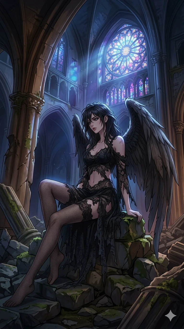 score_9, masterpiece, best quality, ultra-detailed, high-budget anime keyframe, an incredibly beautiful Caucasian woman (strictly human ears). Dynamic low angle cowboy shot filling the entire 9:16 frame with her statuesque presence. She is a fallen angel resting in an abandoned cathedral. Her figure boasts an absolutely perfect 8-heads proportion, an exceptionally tall and slender build emphasizing a delicate skinny aesthetic. Her face is a flawless masterpiece with a sharp v-shaped jawline, high-bridge nose, expressive jewel-like eyes, thick eyelashes, and perfectly glossy lips. She is wearing a ragged black lace dress with sensual fishnet stockings and an exposed midriff. A ruined gothic cathedral with moonlight piercing through stained glass, dramatic shadows., 2k, ultra detail, master piece, 9:16 ratio