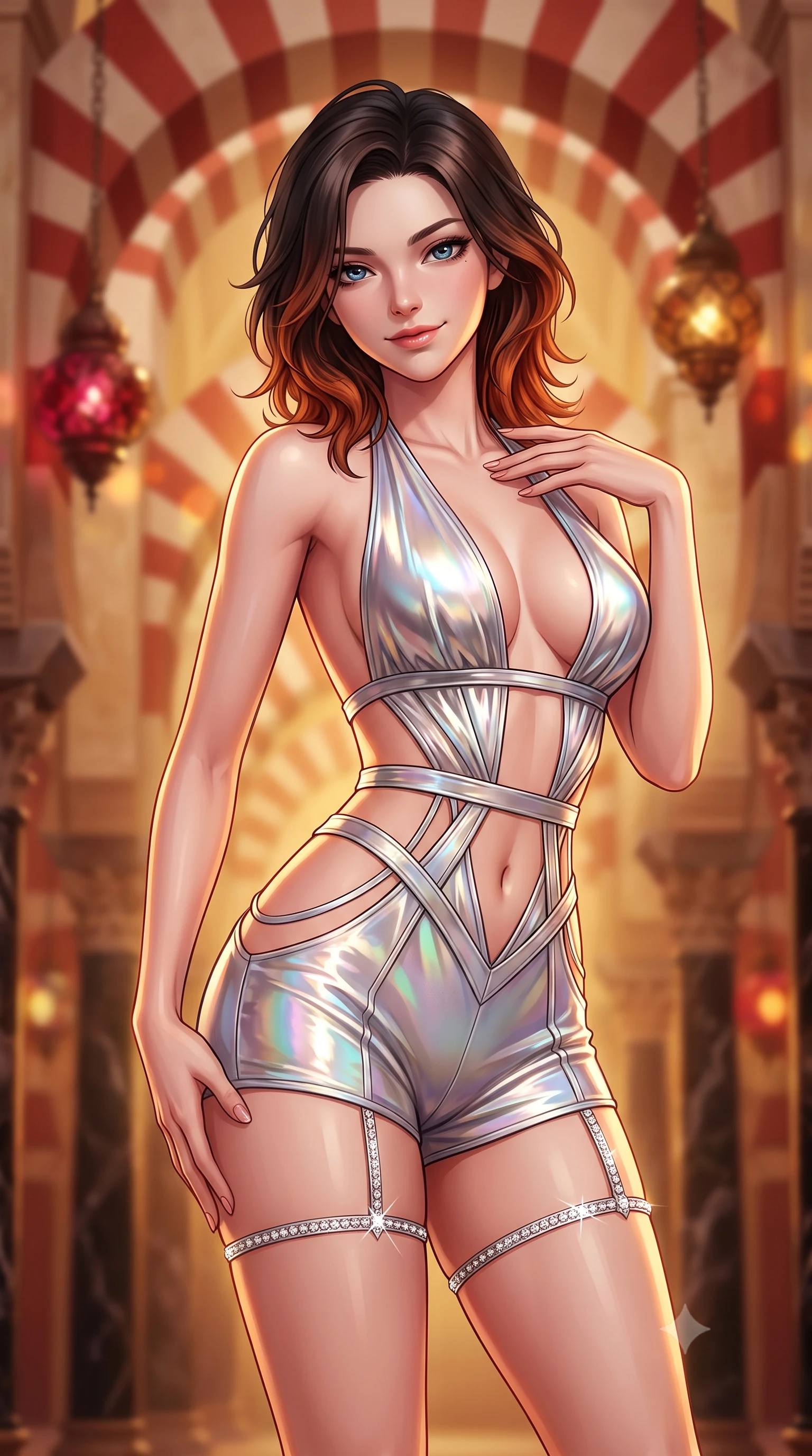 score_9, masterpiece, best quality, ultra-detailed, high-budget anime keyframe, semi-realistic 3D game render, editorial fashion photography, tasteful artistic composition, Korean woman. close-up cowboy shot from the waist and thighs up, the character dominates the composition, filling the frame with her large presence. tilting her head with a teasing half-smile, running one hand slowly down the side of her hip in a flirtatious S-curve as ambient light caresses her silhouette while standing poised within the endless forest of jasper, onyx, and marble pillars beneath double-tiered red-and-white horseshoe arches, arching her spine with hypnotic diva poise. The background shows a soft-focus endless repeating red-and-white striped horseshoe arches extending into golden haze, hanging pierced oil lamps blurred into ruby, topaz, and amber bokeh. She has an exceptionally elegant, slender, and willowy female figure with an ultra-slim waist, flat toned midriff, narrow ribcage, and sculpted feminine hips creating an alluring, slim hourglass silhouette without bulk. sharp v-shaped jawline, high-bridge nose, intricate jewel-like sparkling eyes with depth, thick eyelashes, glossy parted lips with a natural peach sheen, bright cheerful beaming smile with an enchanting and coquettish sensual glint, exuding both youthful cute charm and seductive allure, flawlessly proportioned anatomical accuracy, strict slender model proportions, natural body alignment, perfectly sculpted long slender limbs, ultra-slim waistline, clean dynamic posture without body distortion. wearing a daring low-cut halterneck romper with exposed midriff and strappy hip cutouts in liquid molten silver and iridescent mother-of-pearl, crafted from bespoke double-faced cashmere with an exceptionally soft tactile finish, finished with delicate crystal-encrusted thigh garter straps glinting in the dim light, the bespoke structured tailoring following the natural line of her 8.5-heads silhouette with refined elegance. bathed in the warm mystical 2300K amber glow of hanging bronze lantern lamps dimmed to an evening ceremony ambiance. highly saturated vibrant anime colors, detailed shading with soft gradients, rich glossy textures, high-contrast stereoscopic depth, volumetric dynamic lighting, master piece, 9:16 ratio