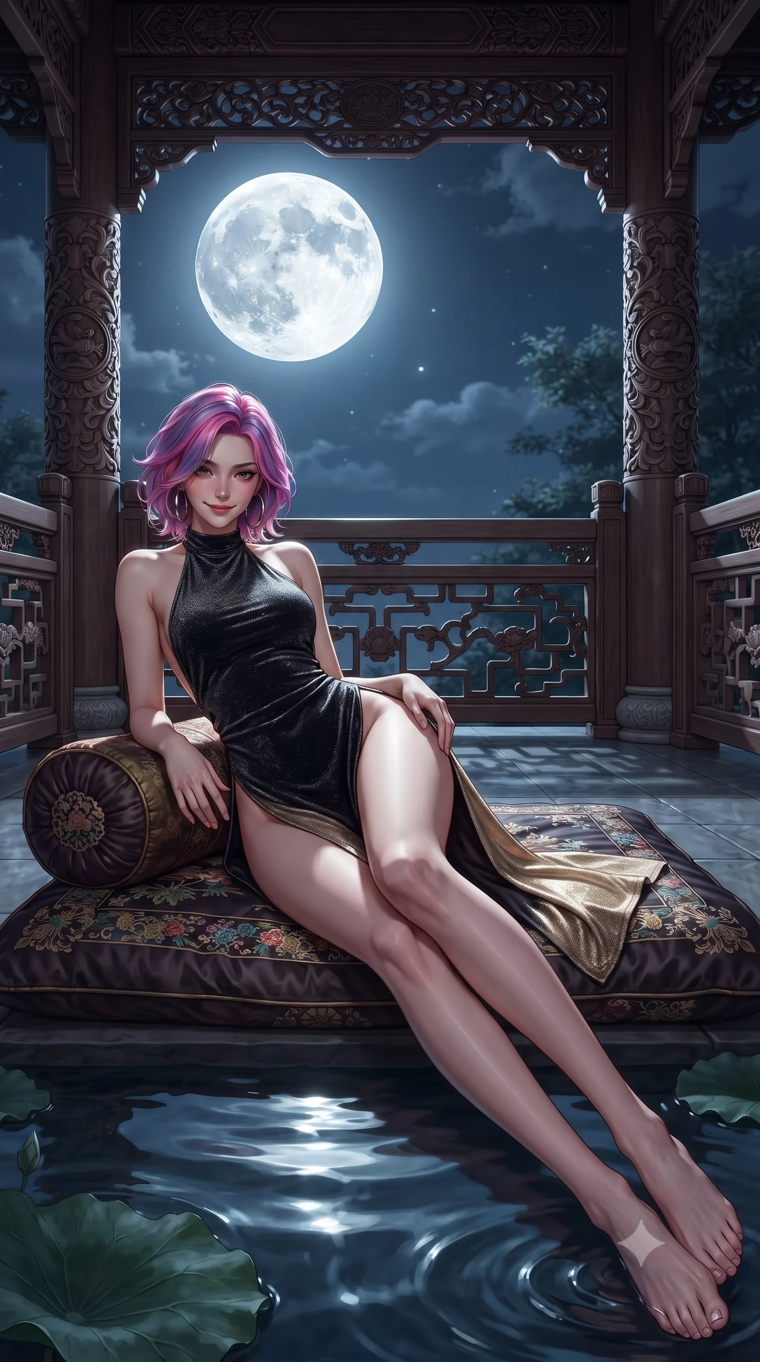 score_9, masterpiece, best quality, ultra-detailed, high-budget anime keyframe, editorial fashion photography, tasteful artistic composition, Caucasian woman. low angle full-body shot from head to toe showing her feet, filling the entire 9:16 vertical frame with her statuesque presence, stretching her vertical silhouette. leaning deep against the balcony balustrade with hips cocked back in an unapologetically alluring high-fashion stance, casting an intoxicating glance while lounging languidly on an antique silk floor cushion propped on one elbow, her flat midriff and long slender legs commanding the moonlit pavilion vista. The surrounding environment is rendered in vivid detail and crisp panoramic clarity: sharp carved wood grain texture, water ripple reflections of the full moon, and crisp lotus leaf veins in deep focus. She has an absolutely perfect, statuesque 8.5-heads proportion, an exceptionally tall and slender model-like female figure with impossibly long slender legs, an ultra-slim waist, a flat toned midriff, narrow delicate ribcage, and beautifully sculpted feminine hips creating a graceful, slim hourglass silhouette without any bulky heaviness. sharp v-shaped jawline, high-bridge nose, sparkling eyes with hypnotic seductive depth, thick curled eyelashes, glossy parted lips with a natural dewy peach sheen, alluring bedroom-eyes with an enchanting coquettish smile, exuding magnetic siren charisma and sophisticated glamour, flawlessly proportioned anatomical accuracy, strict slender model proportions, natural body alignment, perfectly sculpted long slender limbs, ultra-slim waistline, clean dynamic posture without body distortion. wearing a slinky backless halterneck column mini dress in shimmering stretch lurex with deep side slits in midnight obsidian black and shimmering liquid champagne gold, tailored from ultra-plush velvet with rich tactile depth and deep shadow gradients, accented with oversized polished chrome hoop earrings catching the ambient neon glow, the high-slit wrap tailoring accentuating her ultra-slim waistline and the enchanting curve of her feminine hips with alluring seductive charm. bathed in pure silver moonlight cascading directly from the harvest full moon above. ultra-reflective glossy finish, specular highlights, rich textural contrasts, high-contrast stereoscopic depth, volumetric dynamic lighting, 2k, ultra detail, master piece, 9:16 ratio