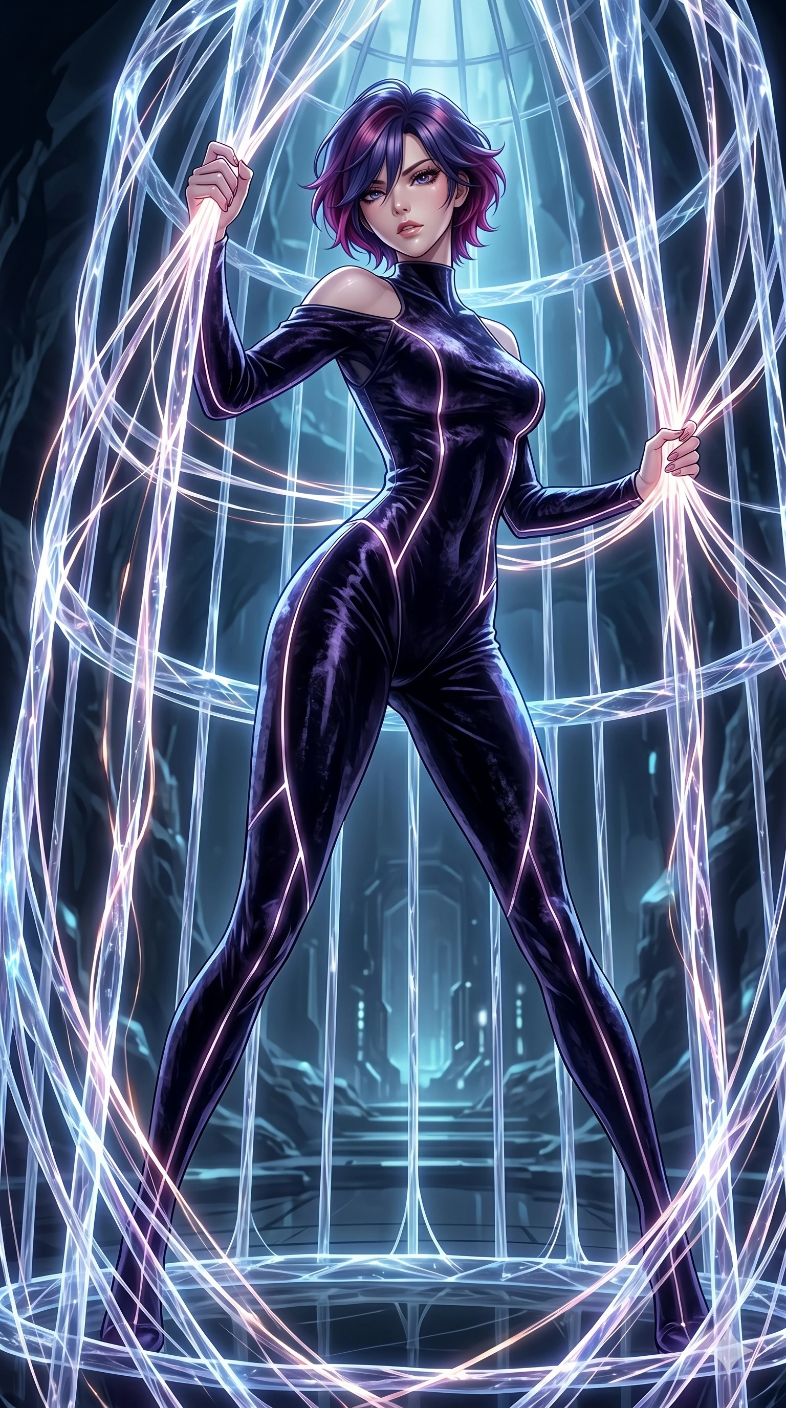 score_9, masterpiece, best quality, ultra-detailed, High-budget Anime Keyframe, East Asian woman. Dynamic full-body shot stretching the vertical silhouette to the limit. Scenario 212: Trapped in a cage of glowing crystalline fibers, body pressing against the bars. Her presence is magnetic and overpowering in this high-budget anime scene. Outfit 212: A crushed dark velvet second with a low-cut shoulder and glowing LED seams. The clothing is designed to emphasize her exceptionally tall and slender 8-heads proportion. 8-heads proportion, towering silhouette, ultra-slim waist. sharp v-shaped jawline, intricate jewel-like eyes with depth, thick eyelashes, glossy lips. 2k, ultra detail, master piece, 9:16 ratio
