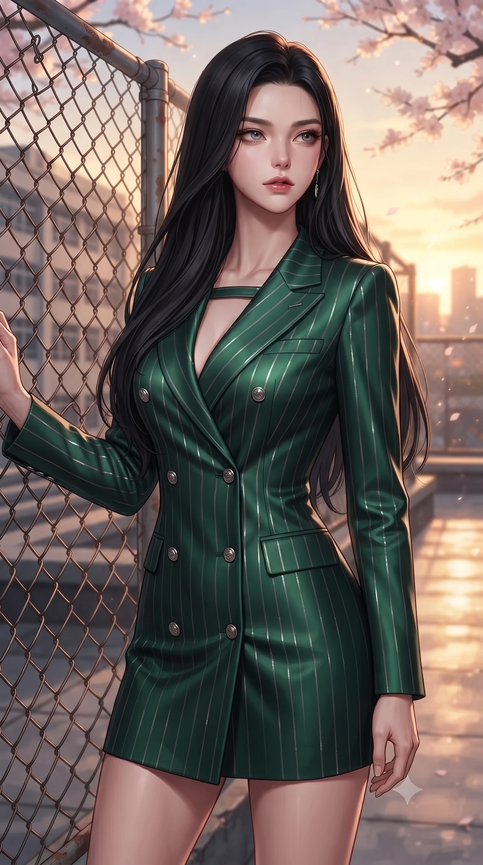 score_9, masterpiece, best quality, ultra-detailed, high-budget anime keyframe, editorial fashion photography, tasteful artistic composition, Korean woman. close-up cowboy shot from the waist and thighs up, the character dominates the composition, filling the frame with her large presence, background elements kept in soft focus. Gazing past the camera with an air of effortless elegance and mysterious confidence standing by the metal fence of a high school rooftop overlooking a sunset city skyline, warm amber glow illuminating the quiet architectural details of the campus. She has an exceptionally elegant, slender, and willowy female figure with an ultra-slim waist, a gracefully sculpted slender torso, and a refined silhouette. sharp v-shaped jawline, high-bridge nose, intricate jewel-like eyes with depth, thick eyelashes, glossy lips with a natural sheen. wearing a double-breasted blazer dress with metallic pin-stripes in deep emerald green and silver accent, crafted from smooth liquid silk, accented with a Tasteful chest slit framing her clavicle gracefully, the form-contouring material highlighting her ultra-slim waist and long lines. illuminated by soft glowing evening sunbeams filtering through sakura branches. ultra-reflective glossy finish, specular highlights, metallic sheen, high-contrast stereoscopic depth, volumetric dynamic lighting, 2k, ultra detail, master piece, 9:16 ratio