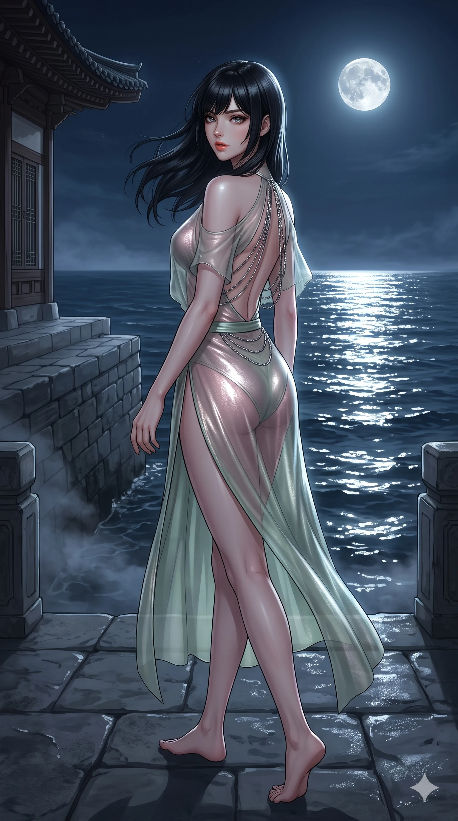score_9, masterpiece, best quality, ultra-detailed, high-budget anime keyframe, editorial fashion photography, tasteful artistic composition, Caucasian woman. low angle full-body shot from head to toe showing her feet, filling the entire 9:16 vertical frame with her statuesque presence, stretching her vertical silhouette. walking along the waterfront terrace with poise, looking back over her bare shoulder with an irresistible smoldering bedroom-gaze while standing tall against the panoramic coastal opening, stretching her statuesque body as maritime breezes whip through her hair. The surrounding environment is rendered in vivid detail and crisp panoramic clarity: detailed sheer gossamer hanbok blouse tailoring, silk bandeau, and historic coastal construction in razor-sharp clarity. She has an absolutely perfect, statuesque 8.5-heads proportion, an exceptionally tall and slender model-like female figure with impossibly long slender legs, an ultra-slim waist, a flat toned midriff, narrow delicate ribcage, and beautifully sculpted feminine hips creating a graceful, slim hourglass silhouette without any bulky heaviness. sharp v-shaped jawline, high-bridge nose, sparkling eyes with hypnotic seductive depth, thick curled eyelashes, glossy parted lips with a natural dewy peach sheen, alluring bedroom-eyes with an enchanting coquettish smile, exuding magnetic siren charisma and sophisticated glamour, flawlessly proportioned anatomical accuracy, strict slender model proportions, natural body alignment, perfectly sculpted long slender limbs, ultra-slim waistline, clean dynamic posture without body distortion. wearing a delicate semi-translucent wet-look mesh hanbok bodysuit clinging sheerly to her sculpted torso and hip curves in soft lotus rose and morning dew sage green, crafted from stretch micro-mesh with metallic foil coating that shimmers in the moonlight, accented with an open-back drape framed by falling strands of delicate chrome chains, the high-slit wrap tailoring accentuating her ultra-slim waistline and the enchanting curve of her feminine hips with alluring seductive charm. bathed in high-intensity silver moonlight reflecting off open ocean waters. ultra-reflective glossy finish, specular highlights, rich textural contrasts, high-contrast stereoscopic depth, volumetric dynamic lighting, 2k, ultra detail, master piece, 9:16 ratio