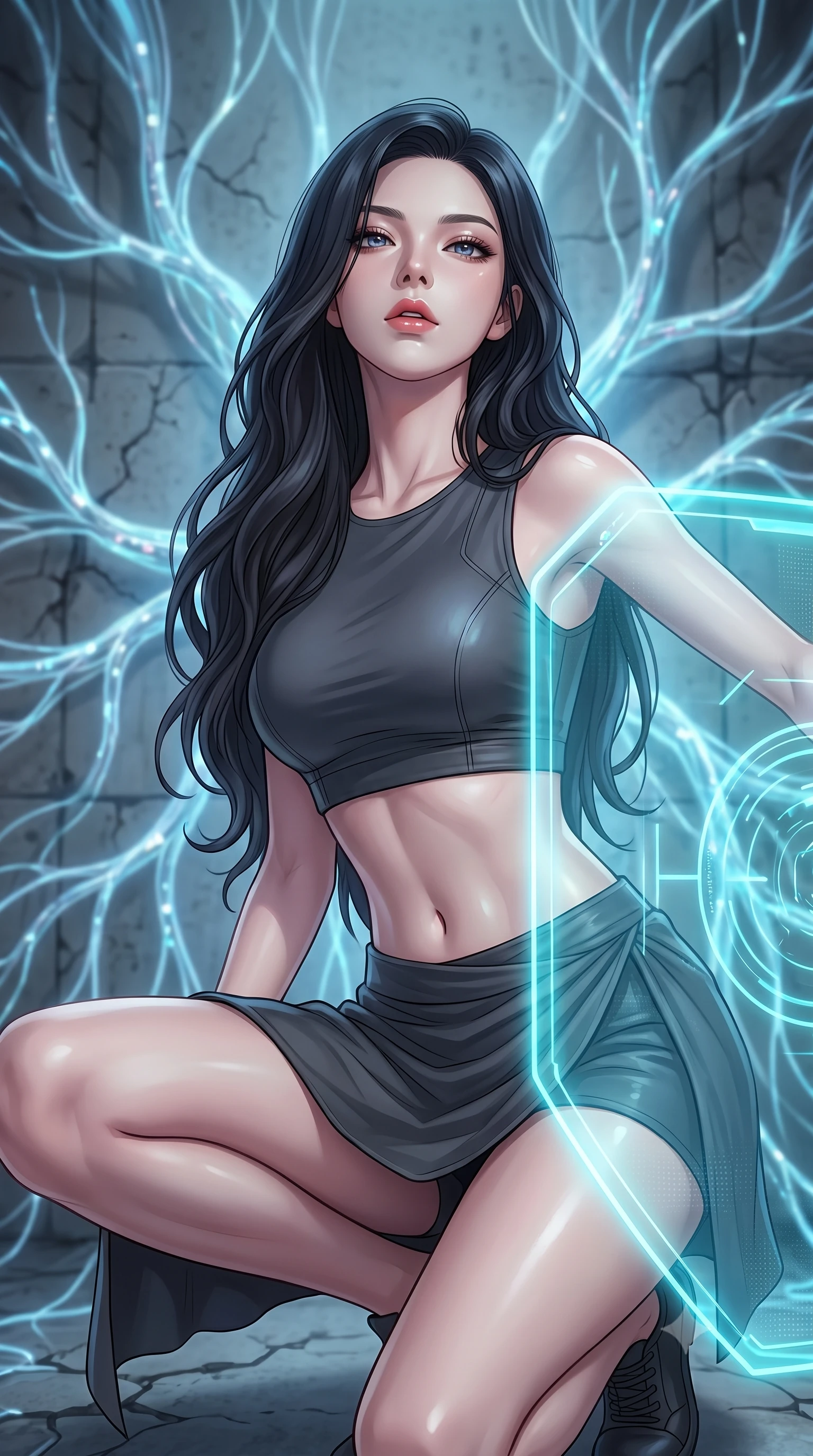 score_9, masterpiece, best quality, ultra-detailed, high-budget anime keyframe, editorial fashion photography, tasteful artistic composition, Korean woman. close-up cowboy shot from the waist and thighs up, the character dominates the composition, filling the frame with her large presence, background elements kept in soft focus. crouching slightly behind a glowing holographic shield emitter, looking up with defiance and lips slightly parted, the background shows a soft-focus a cybernetic root chamber with glowing digital banyan roots growing in concrete. She has an exceptionally elegant, slender, and willowy female figure with an ultra-slim waist, a gracefully sculpted slender torso, and a refined silhouette. sharp v-shaped jawline, high-bridge nose, intricate jewel-like eyes with depth, thick eyelashes, glossy lips with a natural sheen. wearing a body-hugging summer-combat crop top and wrap skirt set in carbon-grey, showing her delicately sculpted midriff. soft blue light radiating from digital roots onto her refined profile. highly saturated vibrant anime colors, detailed shading with soft gradients, rich glossy textures, high-contrast stereoscopic depth, volumetric dynamic lighting, master piece, 9:16 ratio