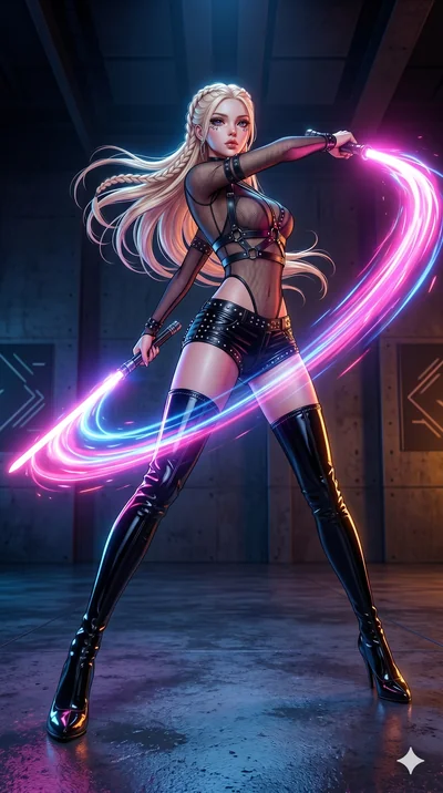 score_9, masterpiece, best quality, ultra-detailed, photorealistic 8k CG, hyper-detailed textures, ray-tracing, Korean woman. Dynamic full-body shot stretching the vertical silhouette with extreme perspective. spinning a double-edged light-saber in a