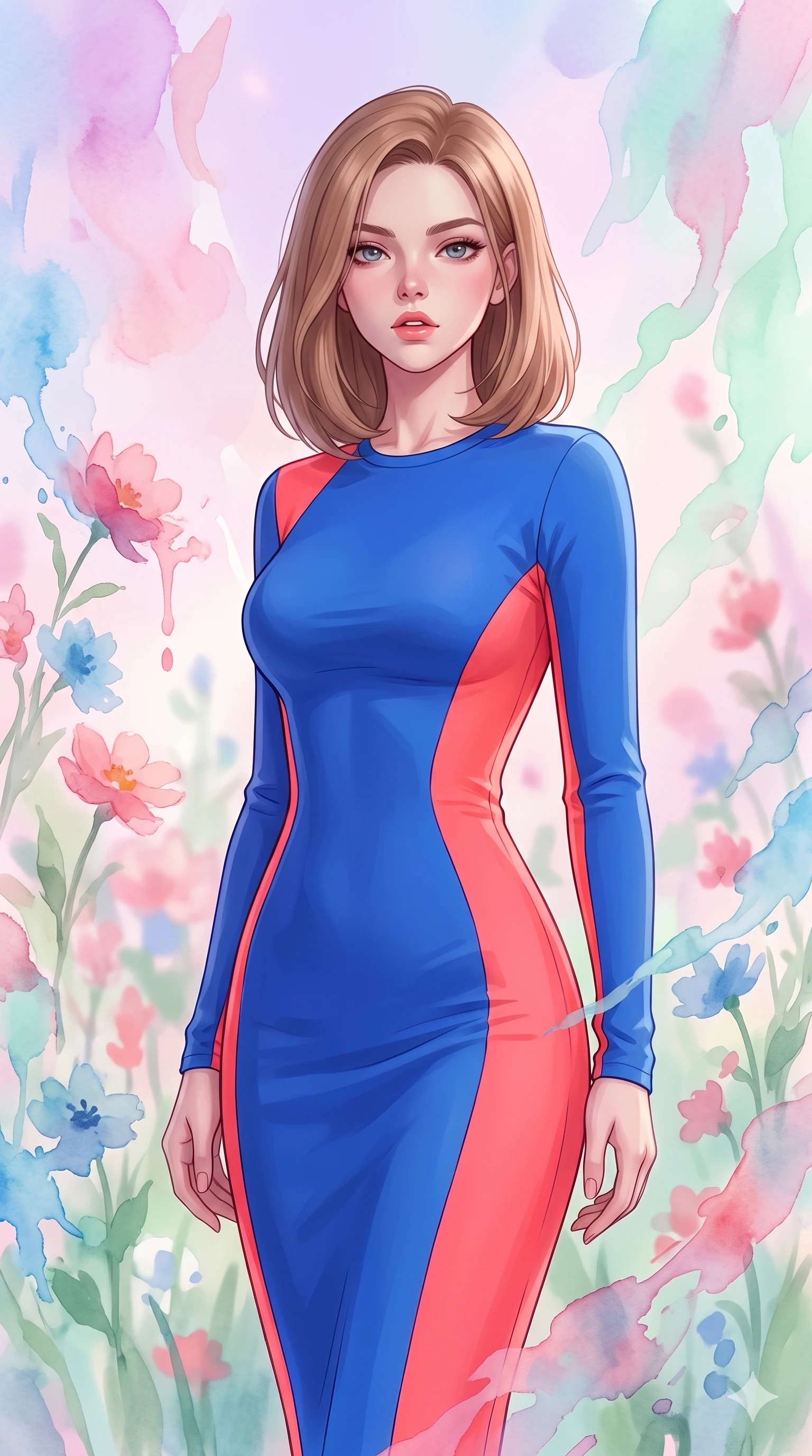 score_9, masterpiece, best quality, ultra-detailed, high-budget anime keyframe, editorial fashion photography, tasteful artistic composition, Korean woman. close-up cowboy shot from the waist and thighs up, the character dominates the composition, filling the frame with her large presence, background elements kept in soft focus. Looking directly at the camera with a bold fearless expression and parted lips. set against a soft-focus background of a dreamlike garden where watercolor paint flows in real-time through the air, flowers dissolving into liquid pigment strokes that drift and bloom in pastel washes of rose, cerulean, and mint. She has an exceptionally elegant and slender, willowy female figure with an ultra-slim waist, a gracefully sculpted slender torso, and a refined slim physique. sharp v-shaped jawline, high-bridge nose, intricate jewel-like eyes with depth, thick eyelashes, glossy lips with a natural sheen. wearing a precision-fitted long-sleeve midi dress in a vibrant two-tone color block of cobalt blue and hot coral, contouring her slender torso like a second skin. soft diffused natural light filtering through layers of translucent watercolor washes casting gentle pastel pink lavender and mint green ambient glow. 2k, ultra detail, master piece, 9:16 ratio