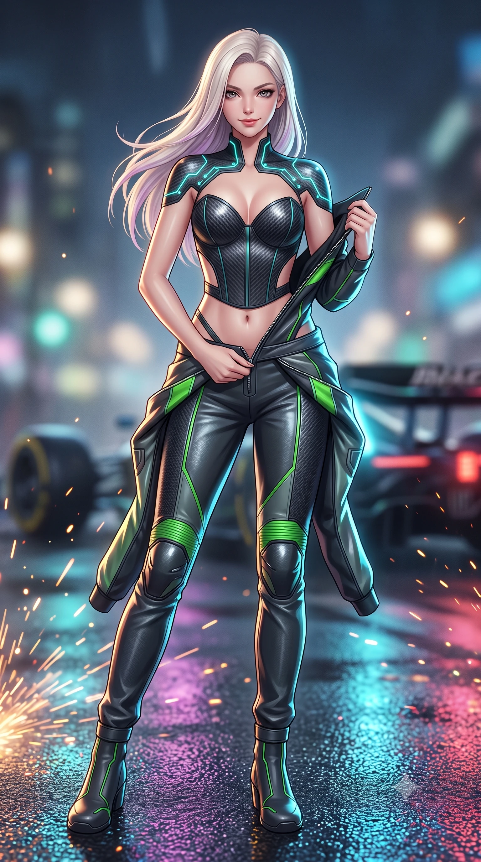 score_9, masterpiece, best quality, ultra-detailed, high-budget anime keyframe, semi-realistic 3D game render, editorial fashion photography, tasteful artistic composition, Caucasian woman. low angle full-body shot from head to toe showing her feet, filling the entire 9:16 vertical frame with her statuesque presence, stretching her vertical silhouette. pivoting dynamically with supreme athletic balance, her impossibly long slender legs and ultra-slim waist creating a mesmerizing vertical line while unzipping her leather racing suit with a slow, teasing smile, eyes locked with daring magnetism on the viewer. The composition keeps background elements in soft focus with creamy bokeh. rain-slicked asphalt reflections and turbo exhaust sparks scattering vivid chromatic light motes. She has an absolutely perfect, statuesque 8.5-heads proportion, an exceptionally tall and slender model-like female figure with impossibly long slender legs, a toned flat midriff, and an ultra-slim waist. sharp v-shaped jawline, high-bridge nose, intricate jewel-like eyes with depth, thick eyelashes, glossy parted lips with a natural sheen, intensely captivating and seductive expression, flawlessly proportioned anatomical accuracy, strict slender model proportions, natural body alignment, perfectly sculpted long slender limbs, ultra-slim waistline, clean dynamic posture without body distortion. wearing a deconstructed carbon-fiber corset top paired with low-slung leather utility trousers in dark carbon grey and laser green accents, formed from ultra-sleek carbon-fiber reinforced composite with specular sheen, finished with glowing cyan circuit lines tracing her collarbones and shoulders, the precision-cut daring openings accentuating her delicate midriff, graceful bare collarbones, and ultra-slim feminine waistline. surrounded by a fierce, electrifying, and irresistibly intoxicating motorsport queen aura. highly saturated vibrant anime colors, detailed shading with soft gradients, rich glossy textures, high-contrast stereoscopic depth, volumetric dynamic lighting, master piece, 9:16 ratio