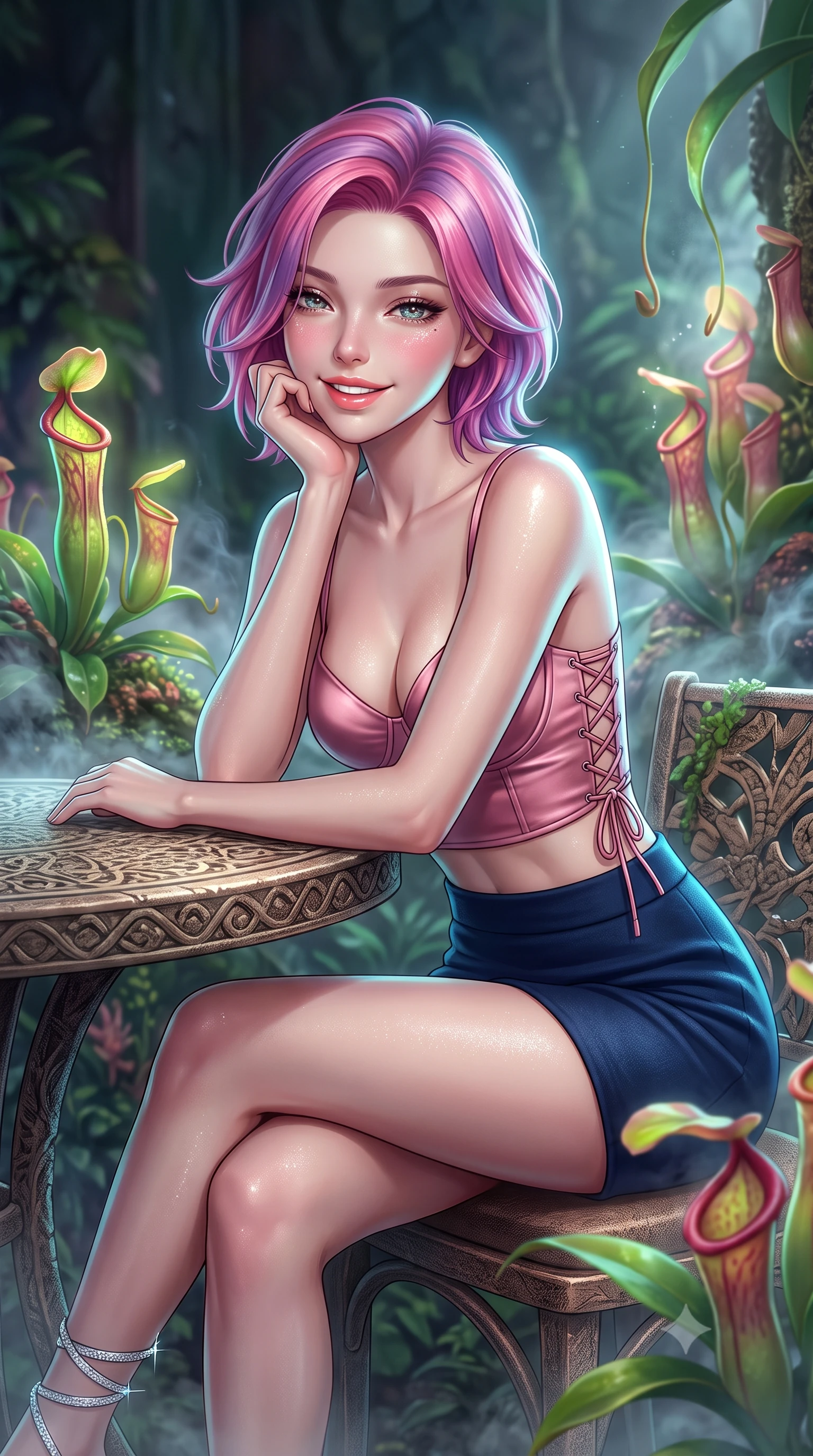 score_9, masterpiece, best quality, ultra-detailed, high-budget anime keyframe, semi-realistic 3D game render, editorial fashion photography, tasteful artistic composition, Caucasian woman. close-up cowboy shot from the waist and thighs up, the character dominates the composition, filling the frame with her large presence. resting one elbow on the table and supporting her chin, leaning close to the camera with heavy-lidded sparkling eyes and parted lips while twisting her slender torso in an alluring S-curve, glowing carnivorous pitcher plants and cool mountain vapor caressing her dewy skin and curves. The surrounding environment is rendered in vivid detail and crisp panoramic clarity: detailed outfit texture, silhouette lines, and botanical engineering in high resolution. She has an exceptionally elegant, slender, and willowy female figure with an ultra-slim waist, flat toned midriff, narrow ribcage, and sculpted feminine hips creating an alluring, slim hourglass silhouette without bulk. sharp v-shaped jawline, high-bridge nose, intricate jewel-like sparkling eyes with depth, thick eyelashes, glossy parted lips with a natural peach sheen, bright cheerful beaming smile with an enchanting and coquettish sensual glint, exuding both youthful cute charm and seductive allure, flawlessly proportioned anatomical accuracy, strict slender model proportions, natural body alignment, perfectly sculpted long slender limbs, ultra-slim waistline, clean dynamic posture without body distortion. wearing a sculpted satin underwire crop bustier with lace-up side ties paired with a micro skirt in Brittany pink granite rose and deep Atlantic navy, crafted from bespoke double-faced cashmere with an exceptionally soft tactile finish, complemented by strappy stiletto sandals with crystal ankle wraps accentuating her slender calves, the bespoke structured tailoring following the natural line of her 8.5-heads silhouette with refined elegance. illuminated by condensation reflection bounce and sharp silver-cyan rim lights sculpting her jawline, narrow waist, and curvy hips. highly saturated vibrant anime colors, detailed shading with soft gradients, rich glossy textures, high-contrast stereoscopic depth, volumetric dynamic lighting, master piece, 9:16 ratio