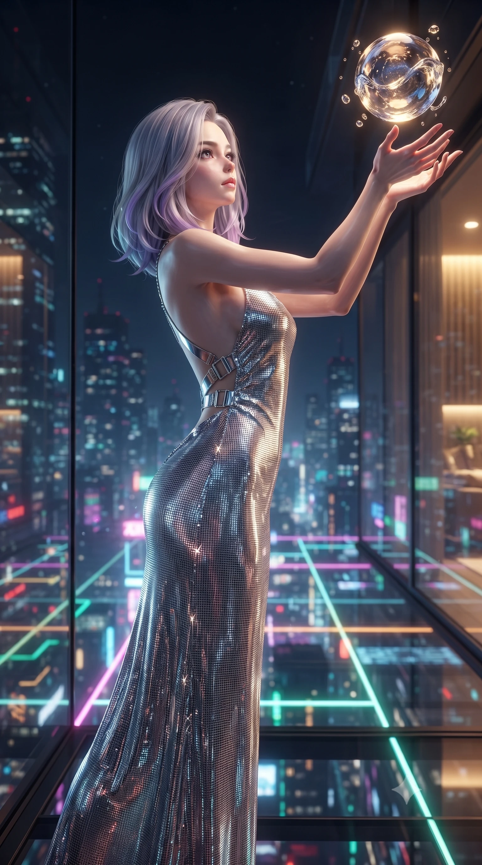 score_9, masterpiece, best quality, ultra-detailed, High-budget Anime Keyframe, editorial fashion photography, tasteful artistic composition, realistic cosplay photography, Caucasian woman, strictly human ears. Dynamic full-body shot stretching the vertical silhouette to the limit. Scenario 471: reaching out to catch a floating sphere of liquid light in a luxury penthouse with floor-to-ceiling glass walls overlooking a neon grid. Her presence is magnetic and overpowering in this high-budget cinematic scene. Outfit 471: a form-contouring liquid silver micro-mesh lace slip dress with a dramatic backless design and metallic buckles. The clothing is designed to emphasize her exceptionally tall and slender 8-heads proportion. 8-heads proportion, towering silhouette, ultra-slim waist. sharp v-shaped jawline, intricate jewel-like eyes with depth, thick eyelashes, glossy lips. ultra-reflective glossy finish, specular highlights, metallic sheen, high-contrast stereoscopic depth, volumetric dynamic lighting, 2k, ultra detail, master piece, 9:16 ratio