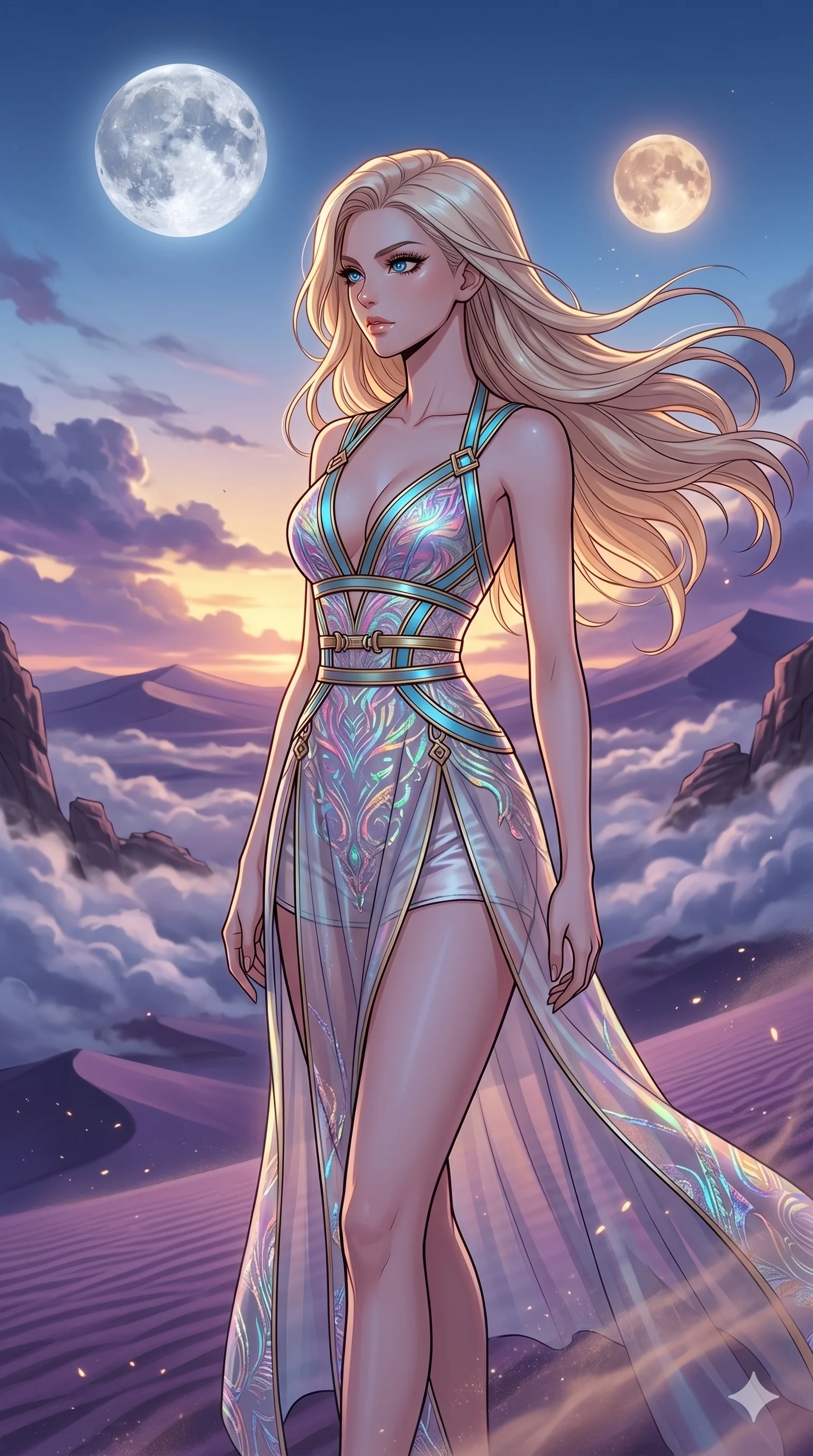 score_9, masterpiece, best quality, ultra-detailed, high-budget anime movie keyframe, cinematic anime lighting, intricate line art, Japanese woman. Medium shot of upper body capturing the intricate details of her high-fashion attire. navigating a sea of clouds in a desert of purple sands under a twin-moon sky. She has an absolutely perfect 8-heads proportion, an exceptionally tall and slender female figure with an ultra-slim waist and impossibly long slender legs. sharp v-shaped jawline, high-bridge nose, intricate jewel-like eyes, thick eyelashes, glossy lips. Wearing modernized deep-plunging silk hanbok-fusion with metallic straps, a high-slit sheer skirt over micro-shorts, and holographic embroidered patterns. The scene is illuminated by dramatic atmospheric lighting and vibrant color palettes. , 2k, ultra detail, master piece, 9:16 ratio