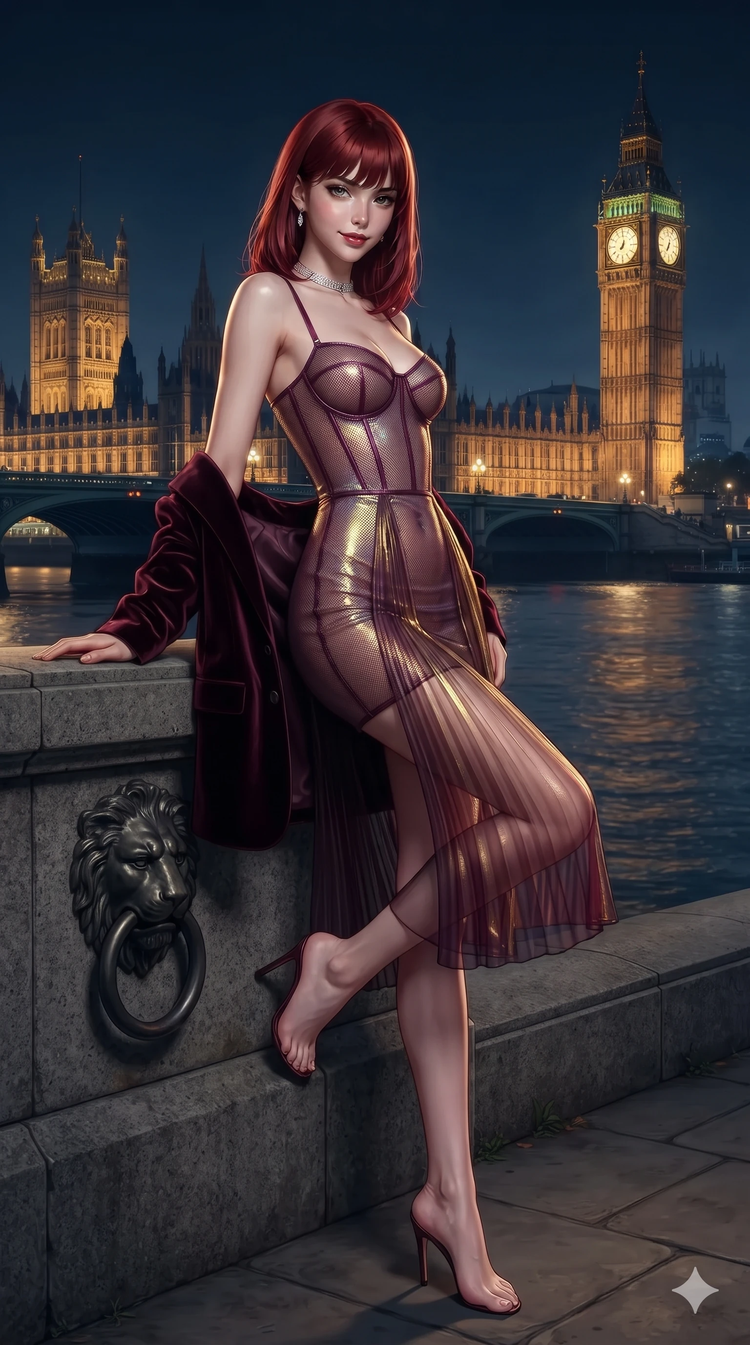 score_9, masterpiece, best quality, ultra-detailed, high-budget anime keyframe, editorial fashion photography, tasteful artistic composition, Caucasian woman. low angle full-body shot from head to toe showing her feet, filling the entire 9:16 vertical frame with her statuesque presence, stretching her vertical silhouette. reclining gracefully on an oversized white leather daybed under the open midnight sky, her long slender legs and hourglass curves commanding the frame while standing poised beside the lion-head mooring ring, arching her lower back with sovereign supermodel grace as river mists drift by. The surrounding environment is rendered in vivid detail and crisp panoramic clarity: detailed tailored velvet jacket drape, silk lapel sheen, and iconic British gothic architecture in razor-sharp precision. She has an exceptionally tall and slender model-like 8.5-heads proportion, an ultra-slim waist, a flat toned midriff, narrow delicate ribcage, and beautifully sculpted feminine hips creating a graceful, slim hourglass silhouette without any bulky heaviness, with impossibly long slender legs. sharp v-shaped jawline, high-bridge nose, intricate jewel-like dark sparkling eyes with dangerous depth, thick curled eyelashes, glossy parted lips with a rich wine sheen, smoldering seductive half-smile with bedroom-eyes, exuding effortless superiority and intoxicating dark allure, flawlessly proportioned anatomical accuracy, strict slender model proportions, natural body alignment, perfectly sculpted long slender limbs, ultra-slim waistline, clean dynamic posture without body distortion. wearing a translucent iridescent micro-mesh corset dress with wet-look second-skin cling tracing her feminine curves in deep wine burgundy and lustrous gold foil, crafted from semi-sheer pleated silk chiffon layered over an opaque second-skin underlayer, finished with a delicate diamond choker catching the chandelier light, the impeccably tailored cut draping gracefully along her slender figure with aristocratic noir poise. bathed in the majestic golden glow of Big Ben floodlights contrasting with deep river night blues. ultra-reflective glossy finish, specular highlights, rich textural contrasts, high-contrast stereoscopic depth, volumetric dynamic lighting, 2k, ultra detail, master piece, 9:16 ratio