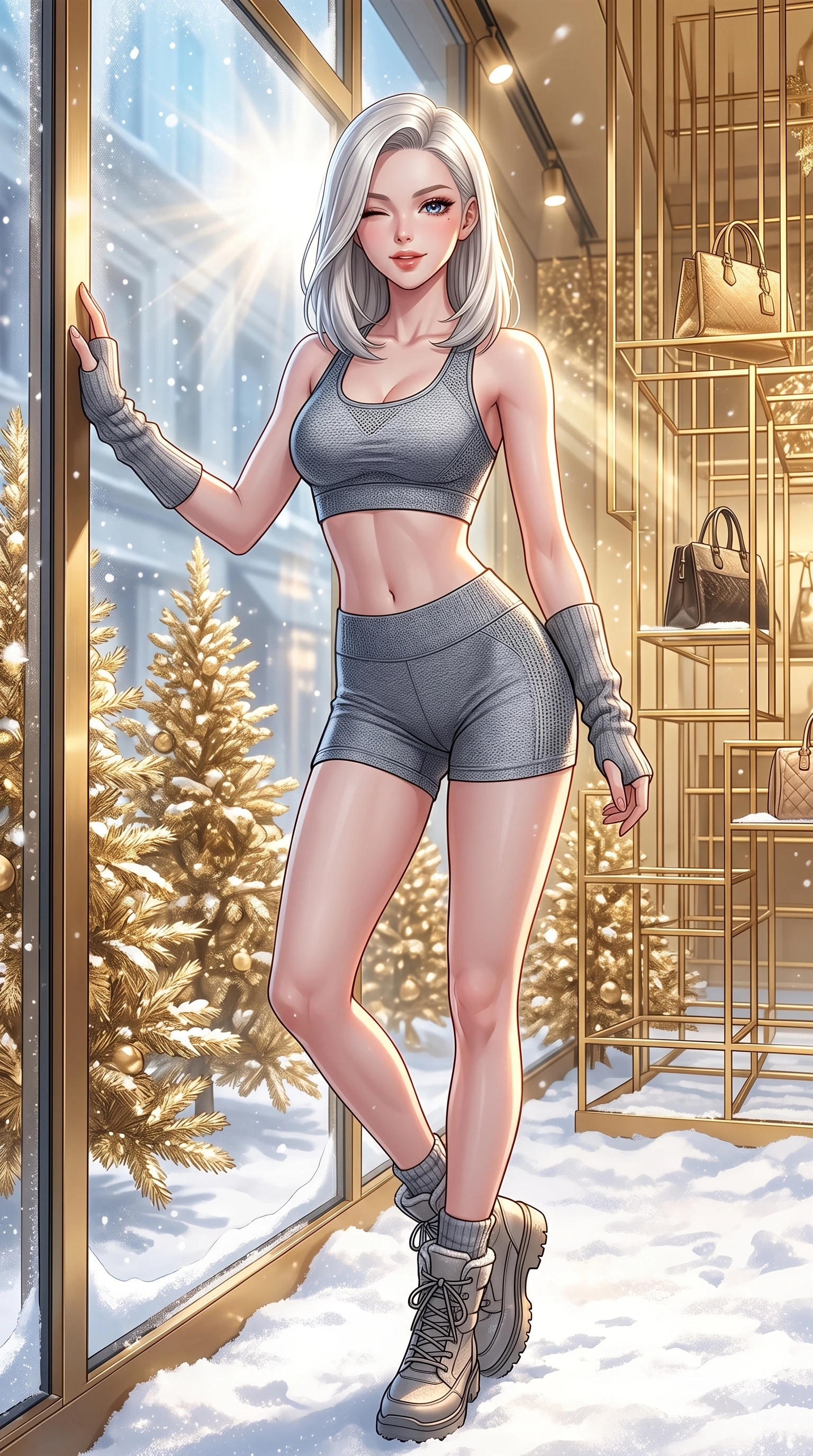 score_9, masterpiece, best quality, ultra-detailed, high-budget anime keyframe, vibrant anime aesthetic, Caucasian woman, strictly human ears. cowboy shot from the thighs up, character and outfit filling the frame for maximum presence. She is leaning against a boutique window, winking with a playful and lively winter expression inside a high-fashion studio with golden winter setups (Code-P21-094). She has an absolutely perfect 8-heads proportion, an exceptionally tall and slender female figure with impossibly long slender legs and an ultra-slim waist. V-shaped jawline, high-bridge nose, intricate jewel-like eyes with depth, thick eyelashes, glossy lips with a natural sheen. wearing a skin-tight activewear set with athletic crop top and knit shorts in winter snow. She is illuminated by bright, direct sunbeams in a photography studio, creating clean outlines. 2k, ultra detail, master piece, 9:16 ratio