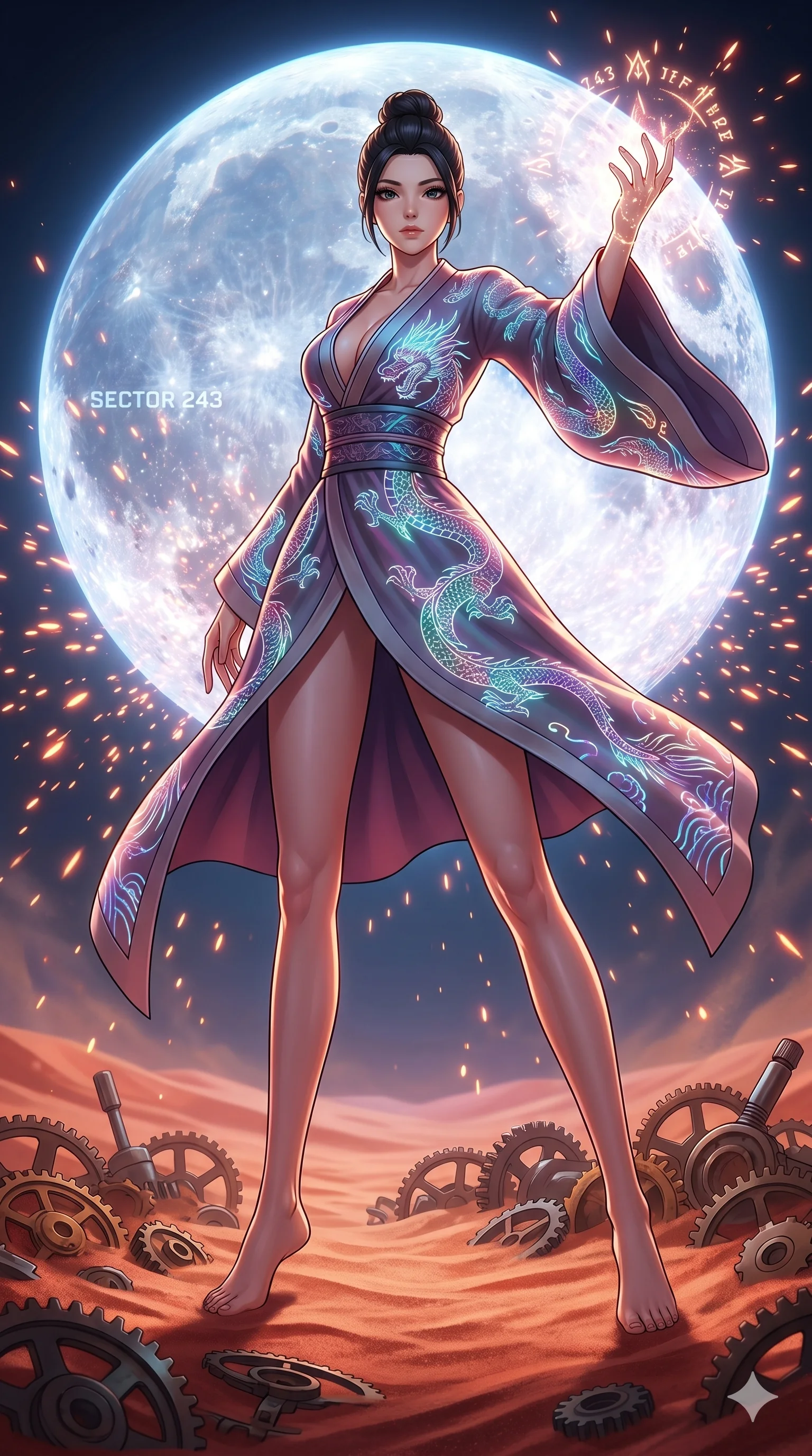 score_9, masterpiece, best quality, ultra-detailed, Set A: High-budget Anime Keyframe, Japanese woman. Low angle cowboy shot filling the entire 9:16 frame with her statuesque presence. Casting a spell through a clockwork desert, with a massive holographic moon rising behind her marked as sector 243 and surrounded by glowing energy sparks. She has an absolutely perfect 8-heads proportion, an exceptionally tall and slender female figure with impossibly long slender legs and an ultra-slim waist. Sharp v-shaped jawline, high-bridge nose, intricate jewel-like eyes with depth, thick eyelashes, glossy lips with a natural sheen. Wearing Traditional fusion robe with a deep V-cut and holographic dragon embroidery. Cinematic lighting, vibrant colors, dramatic shadows, 2k, ultra detail, master piece, 9:16 ratio
