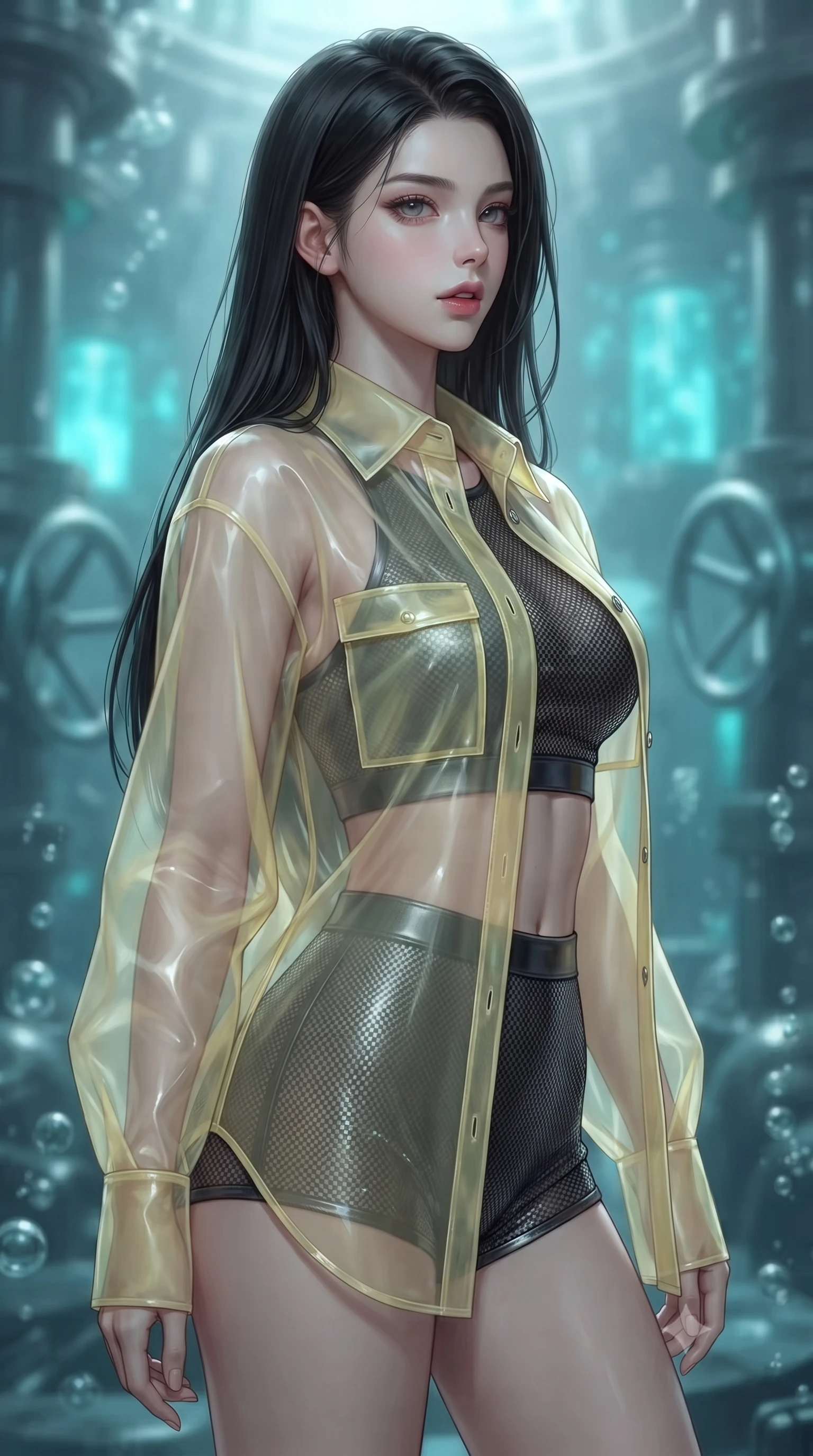 score_9, masterpiece, best quality, ultra-detailed, high-budget anime keyframe, editorial fashion photography, tasteful artistic composition, Korean woman. close-up cowboy shot from the waist and thighs up, the character dominates the composition, filling the frame with her large presence, background elements kept in soft focus. turning her face in profile to look over her shoulder, casting a smoldering side gaze with lips slightly parted, the background shows a soft-focus an undersea mercury well with bubbling chrome and glowing valve gates. She has an exceptionally elegant, slender, and willowy female figure with an ultra-slim waist, a gracefully sculpted slender torso, and a refined silhouette. sharp v-shaped jawline, high-bridge nose, intricate jewel-like eyes with depth, thick eyelashes, glossy lips with a natural sheen. wearing a body-hugging sheer organza combat shirt in pale yellow, worn open over a carbon-mesh crop top and micro-shorts. pulsing turquoise light from underwater geothermal vents casting dynamic shadows. ultra-reflective glossy finish, specular highlights, metallic sheen, high-contrast stereoscopic depth, volumetric dynamic lighting, 2k, ultra detail, master piece, 9:16 ratio