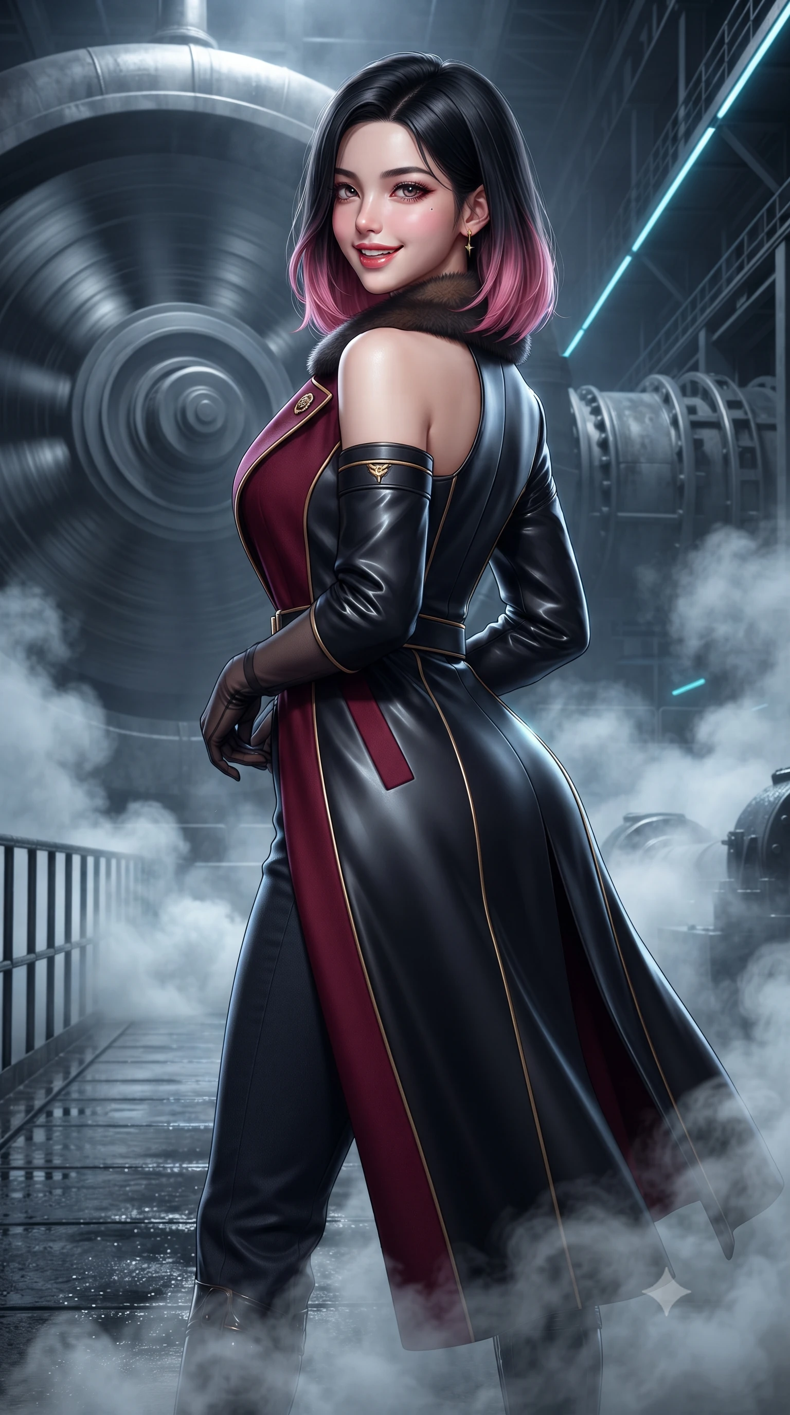 score_9, masterpiece, best quality, ultra-detailed, high-budget anime keyframe, editorial fashion photography, tasteful artistic composition, Korean woman. close-up cowboy shot from the waist and thighs up, the character dominates the composition, filling the frame with her large presence. posing in an alluring rear three-quarter angle, looking over a bare shoulder with parted glossy lips, her hips cocked back to highlight her slim hourglass curve while standing poised on the wet black basalt walkway beside the colossal spinning cooling turbine, arching her spine with tactical warrior grace as dense mineral steam swirls around her boots. The surrounding environment is rendered in vivid detail and crisp panoramic clarity: detailed tactical flight bodysuit lines, sleek wet-look sheen, and monumental energy facility engineering in high resolution. She has an exceptionally elegant, slender, and willowy female figure with an ultra-slim waist, flat toned midriff, narrow ribcage, and sculpted feminine hips creating an alluring, slim hourglass silhouette without bulk. sharp v-shaped jawline, high-bridge nose, intricate jewel-like sparkling eyes with depth, thick eyelashes, glossy parted lips with a natural peach sheen, bright cheerful beaming smile with an enchanting and coquettish sensual glint, exuding both youthful cute charm and seductive allure, flawlessly proportioned anatomical accuracy, strict slender model proportions, natural body alignment, perfectly sculpted long slender limbs, ultra-slim waistline, clean dynamic posture without body distortion. wearing a futuristic double-breasted arctic combat officer greatcoat with thermal fur-lined collar and tailored wool trousers in Star-Fortress obsidian black and imperial crimson, crafted from bespoke double-faced cashmere with an exceptionally soft tactile finish, complemented by sheer opera-length evening gloves tracing her slender arms, the impeccably tailored cut draping gracefully along her slender figure with aristocratic poise. illuminated by wet basalt reflection bounce and sharp electric-cyan rim lights defining her dewy collarbones, ultra-slim waist, and curvy hips. ultra-reflective glossy finish, specular highlights, rich textural contrasts, high-contrast stereoscopic depth, volumetric dynamic lighting, 2k, ultra detail, master piece, 9:16 ratio