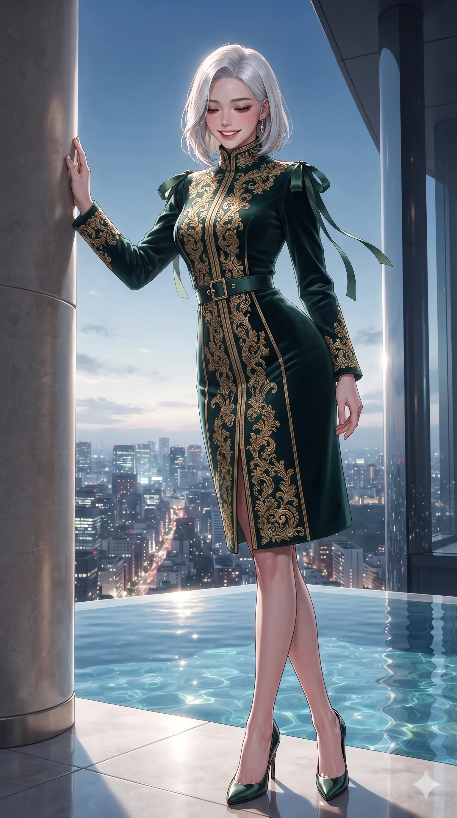 score_9, masterpiece, best quality, ultra-detailed, high-budget anime keyframe, editorial fashion photography, tasteful artistic composition, Korean woman. low angle full-body shot from head to toe showing her feet, filling the entire 9:16 vertical frame with her statuesque presence, stretching her vertical silhouette. standing tall beside the architectural column, one hand resting high while arching her lower back to emphasize her sculpted feminine hips and slender waist while leaning against the acrylic infinity pool edge with hips cocked back, looking down at the glittering Tokyo metropolis with heavy-lidded bedroom-eyes. The surrounding environment is rendered in vivid detail and crisp panoramic clarity: detailed outfit texture, wet cling or bodycon fit, and sky-high penthouse engineering in high resolution. She has an exceptionally tall and slender model-like 8.5-heads proportion, an ultra-slim waist, a flat toned midriff, narrow delicate ribcage, and beautifully sculpted feminine hips creating a graceful, slim hourglass silhouette without any bulky heaviness, with impossibly long slender legs. sharp v-shaped jawline, high-bridge nose, intricate jewel-like sparkling eyes with depth, thick eyelashes, glossy parted lips with a natural peach sheen, bright cheerful beaming smile with an enchanting and coquettish sensual glint, exuding both youthful cute charm and seductive allure, flawlessly proportioned anatomical accuracy, strict slender model proportions, natural body alignment, perfectly sculpted long slender limbs, ultra-slim waistline, clean dynamic posture without body distortion. wearing an elegant high-neck Icelandic cashmere ribbed turtleneck coat dress with belted waistline in Bavarian alpine spruce green and Neuschwanstein gilded gold, tailored from ultra-plush silk velvet with rich tactile depth and deep shadow gradients, finished with satin ribbon ties at the shoulders fluttering in the gentle breeze, the impeccably tailored cut draping gracefully along her slender figure with aristocratic poise. illuminated by pool surface specular bounce and sharp ruby-and-platinum dual rim lights defining her dewy collarbones, ultra-slim waist, and curvy hips. ultra-reflective glossy finish, specular highlights, rich textural contrasts, high-contrast stereoscopic depth, volumetric dynamic lighting, 2k, ultra detail, master piece, 9:16 ratio