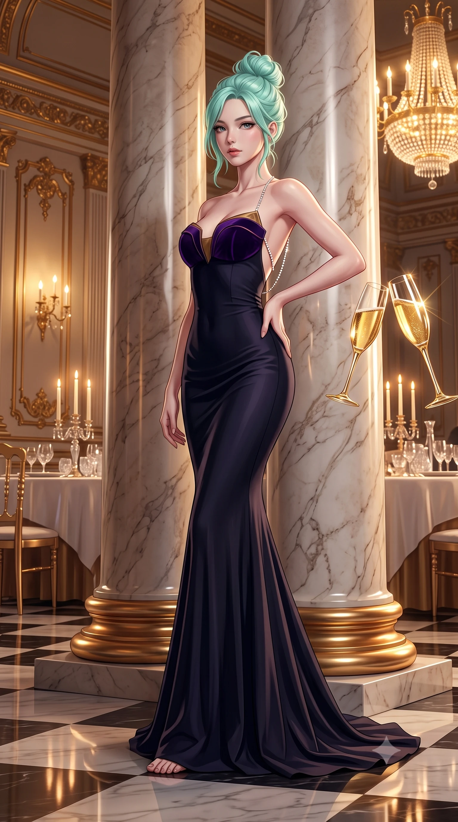 score_9, masterpiece, best quality, ultra-detailed, high-budget anime keyframe, semi-realistic 3D game render, editorial fashion photography, tasteful artistic composition, Japanese woman. low angle full-body shot from head to toe showing her feet, filling the entire 9:16 vertical frame with her statuesque presence, stretching her vertical silhouette. standing poised with one hip cocked in an alluring high-fashion pose, her tall 8.5-heads proportions dominating the scene while pivoting dynamically beside colossal marble columns as golden champagne toasts catch dazzling light highlights. The surrounding environment is rendered in vivid detail and crisp panoramic clarity. sharp checkerboard marble floor reflections, ornate gold wall molding, and crystal table settings in deep focus. She has an absolutely perfect, statuesque 8.5-heads proportion, an exceptionally tall and slender model-like female figure with impossibly long slender legs, a toned flat midriff, and an ultra-slim waist. sharp v-shaped jawline, high-bridge nose, intricate jewel-like eyes with depth, thick eyelashes, glossy lips with a natural sheen, captivating and magnetic expression, flawlessly proportioned anatomical accuracy, strict slender model proportions, natural body alignment, perfectly sculpted long slender limbs, ultra-slim waistline, clean dynamic posture without body distortion. wearing a midnight silk crepe mermaid gown featuring an architectural strapless neckline in imperial purple velvet and antique gold, woven from airy multi-layered silk chiffon with a weightless drape, accented with a glittering diamond back chain tracing her bare spine, the liquid-tight tailored fabric emphasizing every curve of her tall, slender model proportions and sculptured silhouette during dynamic movement. bathed in warm glowing candlelight and radiant gold chandelier downlights. highly saturated vibrant anime colors, detailed shading with soft gradients, rich glossy textures, high-contrast stereoscopic depth, volumetric dynamic lighting, master piece, 9:16 ratio