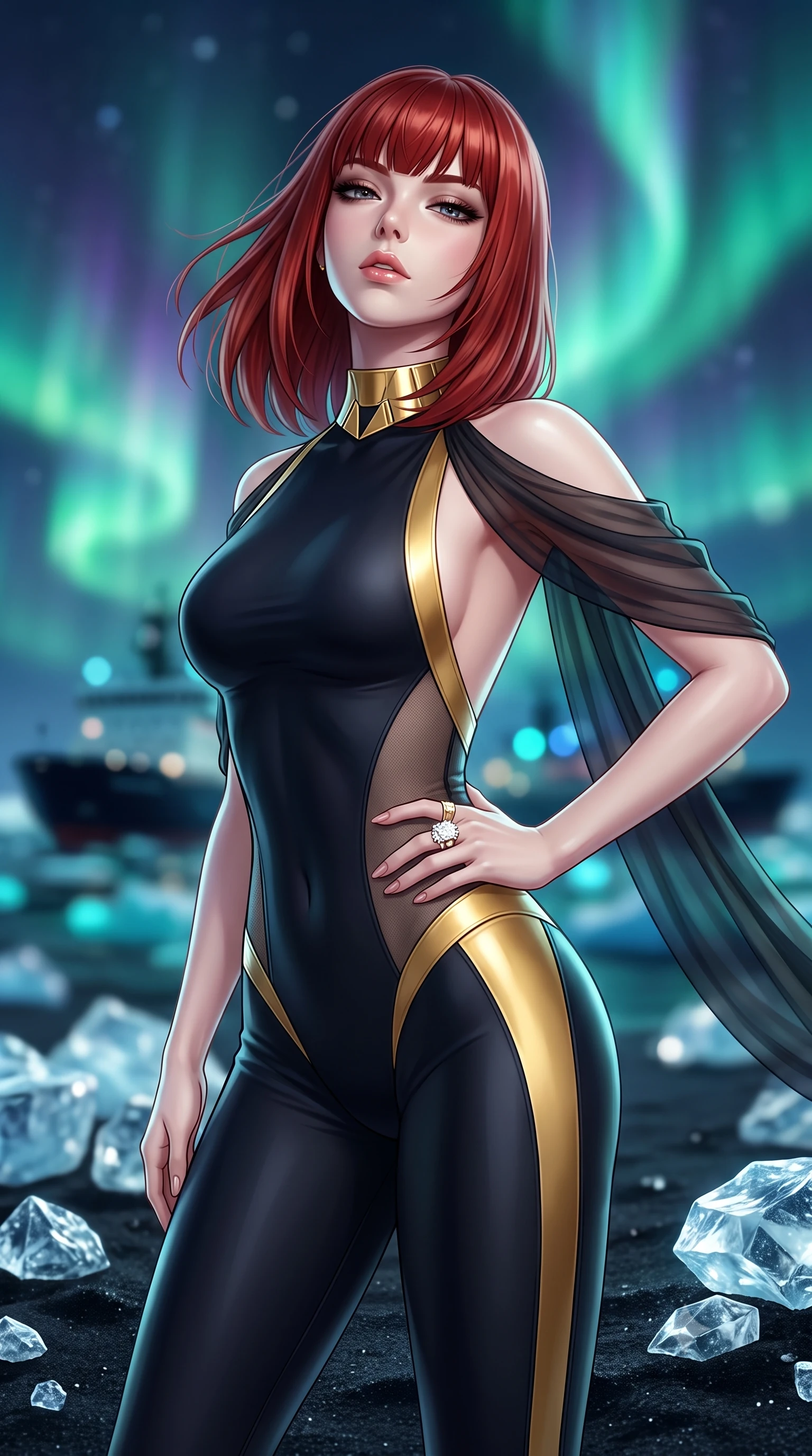 score_9, masterpiece, best quality, ultra-detailed, high-budget anime keyframe, semi-realistic 3D game render, editorial fashion photography, tasteful artistic composition, Caucasian woman. close-up cowboy shot from the waist and thighs up, the character dominates the composition, filling the frame with her large presence. tilting her chin up with proud, sovereign allure while gazing through thick eyelashes, one hand resting on her waist in pure supermodel charisma while standing poised on the volcanic black sand between diamond-like glacial ice blocks, her wind-swept drapery sculpting her slim hourglass silhouette. The composition keeps background elements in soft focus with creamy bokeh. swirling emerald and violet aurora ribbons and dark Arctic ocean breakers blurred into luminous teal, sapphire, and obsidian bokeh. She has an exceptionally elegant, slender, and willowy female figure with an ultra-slim waist, flat toned midriff, narrow ribcage, and sculpted feminine hips creating an alluring, slim hourglass silhouette without bulk. sharp v-shaped jawline, high-bridge nose, intricate jewel-like eyes with depth, thick eyelashes, glossy parted lips with a natural sheen, intensely captivating and seductive bedroom-eyes expression, flawlessly proportioned anatomical accuracy, strict slender model proportions, natural body alignment, perfectly sculpted long slender limbs, ultra-slim waistline, clean dynamic posture without body distortion. wearing a second-skin compression catsuit with an open back and sheer mesh side waist contouring in midnight obsidian black and liquid gold, woven from layered gossamer chiffon with a weightless sweeping drape, complemented by a bold geometric choker and sparkling cocktail ring, the form-contouring material adhering flawlessly to her sculpted flat midriff and slender torso, emphasizing her long leg lines and perfectly proportioned willowy build. illuminated by crisp ice crystal specular highlights sharply carving her razor-sharp jawline, narrow waist, and curvy hips. highly saturated vibrant anime colors, detailed shading with soft gradients, rich glossy textures, high-contrast stereoscopic depth, volumetric dynamic lighting, master piece, 9:16 ratio