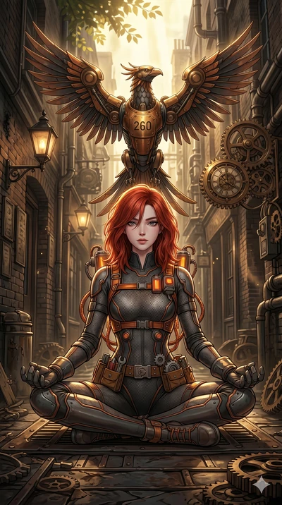 score_9, masterpiece, best quality, ultra-detailed, Set A: High-budget Anime Keyframe, Korean woman. Low angle cowboy shot filling the entire 9:16 frame with her statuesque presence. Theme: Urban Decay. meditating in a steampunk London alleyway, whil